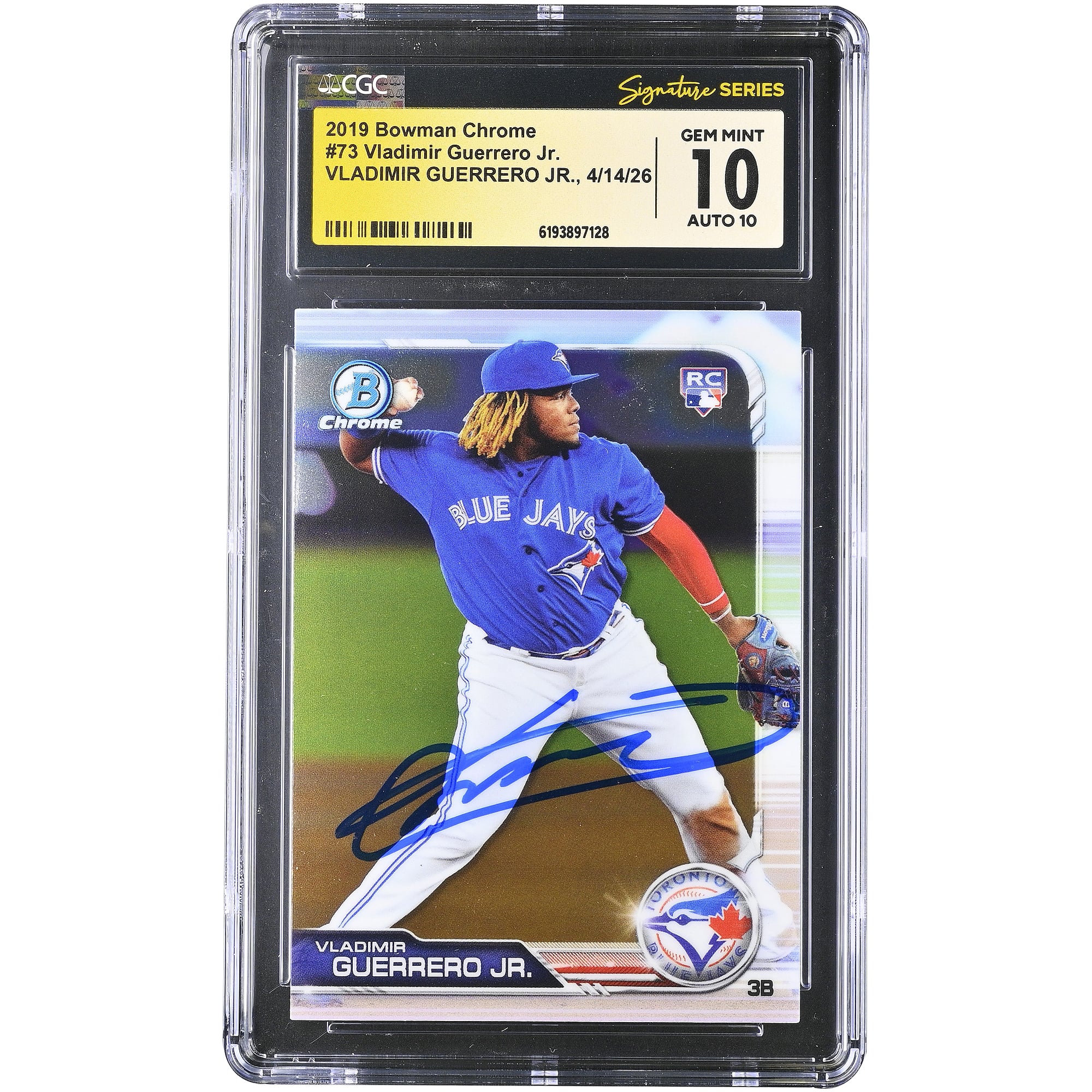 Vladimir Guerrero Jr. Toronto Blue Jays Autographed 2019 Bowman Chrome #73 CGC Fanatics Witnessed Authenticated 10/10 Rookie Card