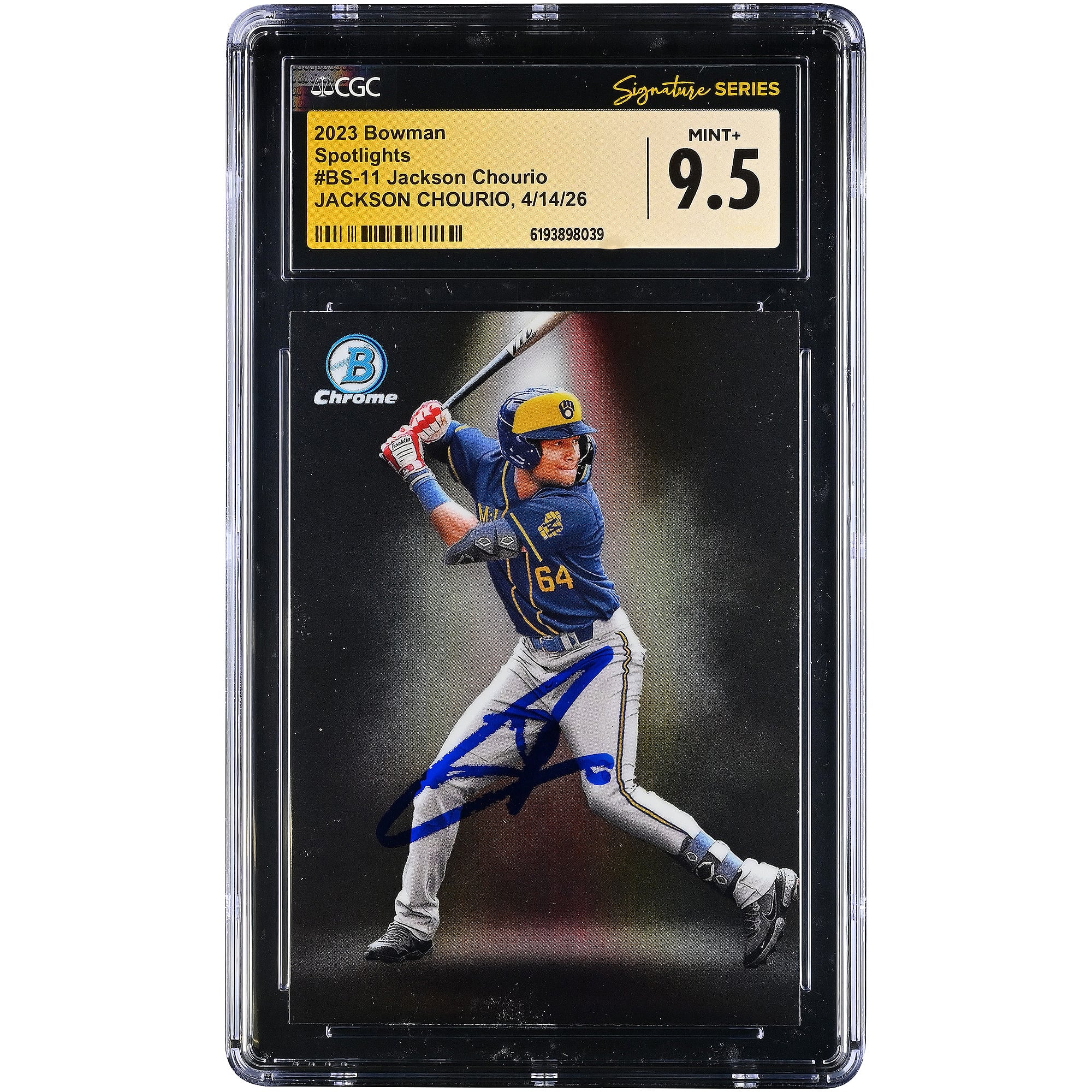 Tarjeta autografiada de Jackson Chourio de los Milwaukee Brewers, edición 2023, Bowman Spotlights #BS-11, CGC Fanatics Witnessed Authenticated, MINT+ 9.5.