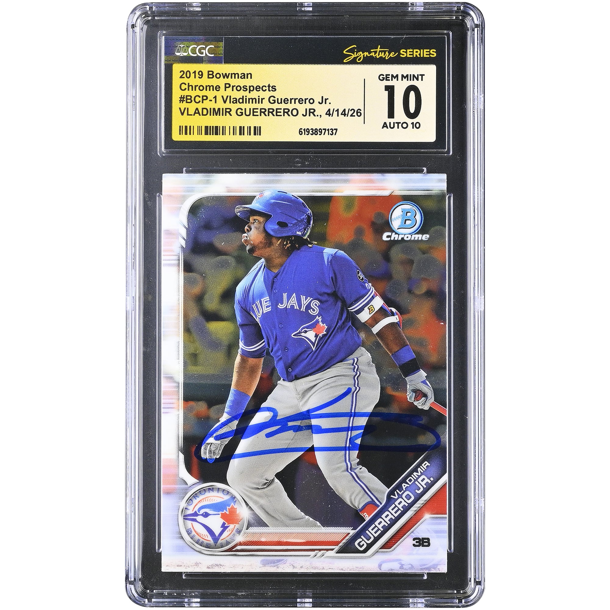 Tarjeta de novato autografiada de Vladimir Guerrero Jr. de los Toronto Blue Jays, 2019 Bowman Chrome Prospects #BCP-1, autenticada por CGC Fanatics Witnessed 10/10.
