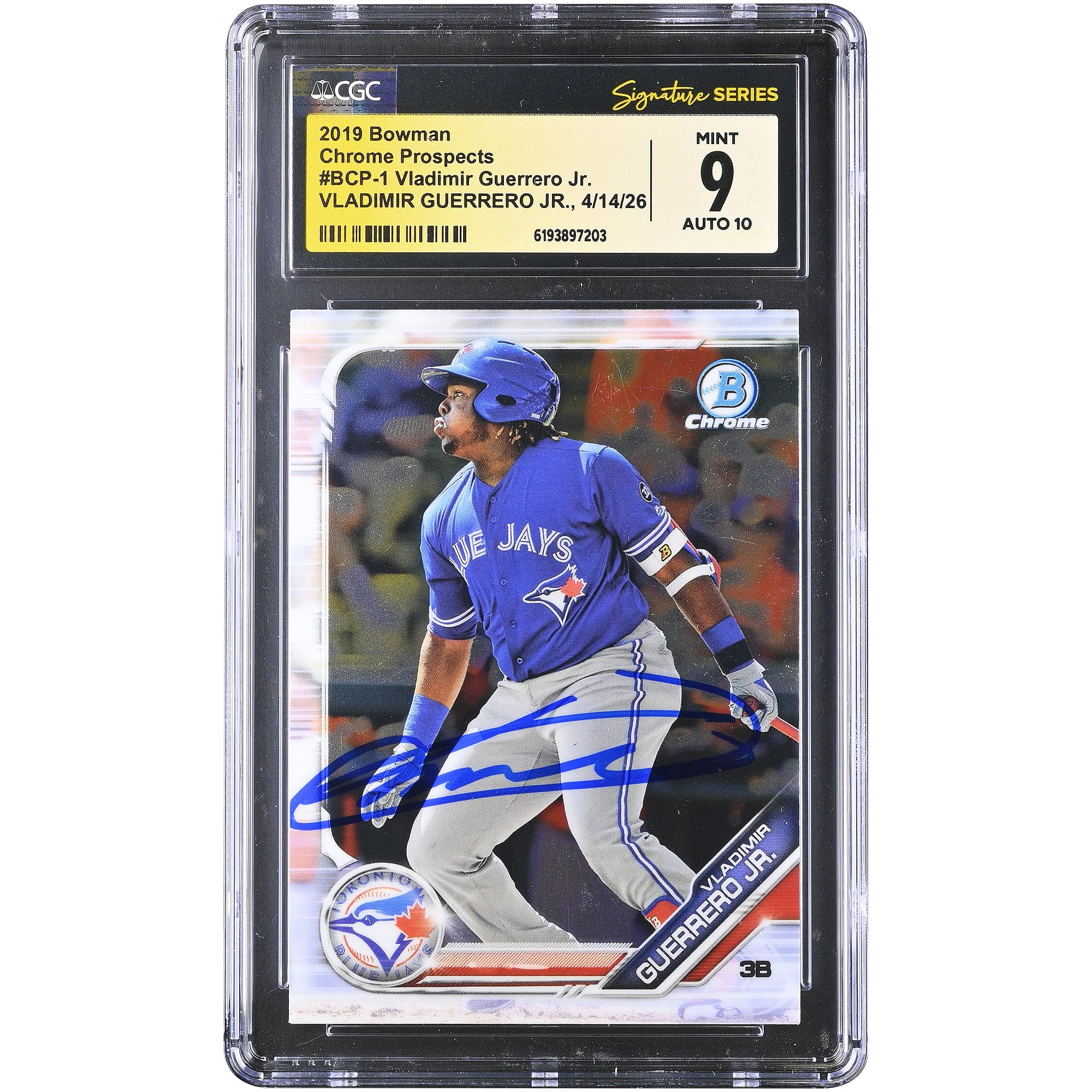Tarjeta de novato autografiada de Vladimir Guerrero Jr. de los Toronto Blue Jays, 2019 Bowman Chrome Prospects #BCP-1, autenticada por CGC Fanatics Witnessed 9/10.