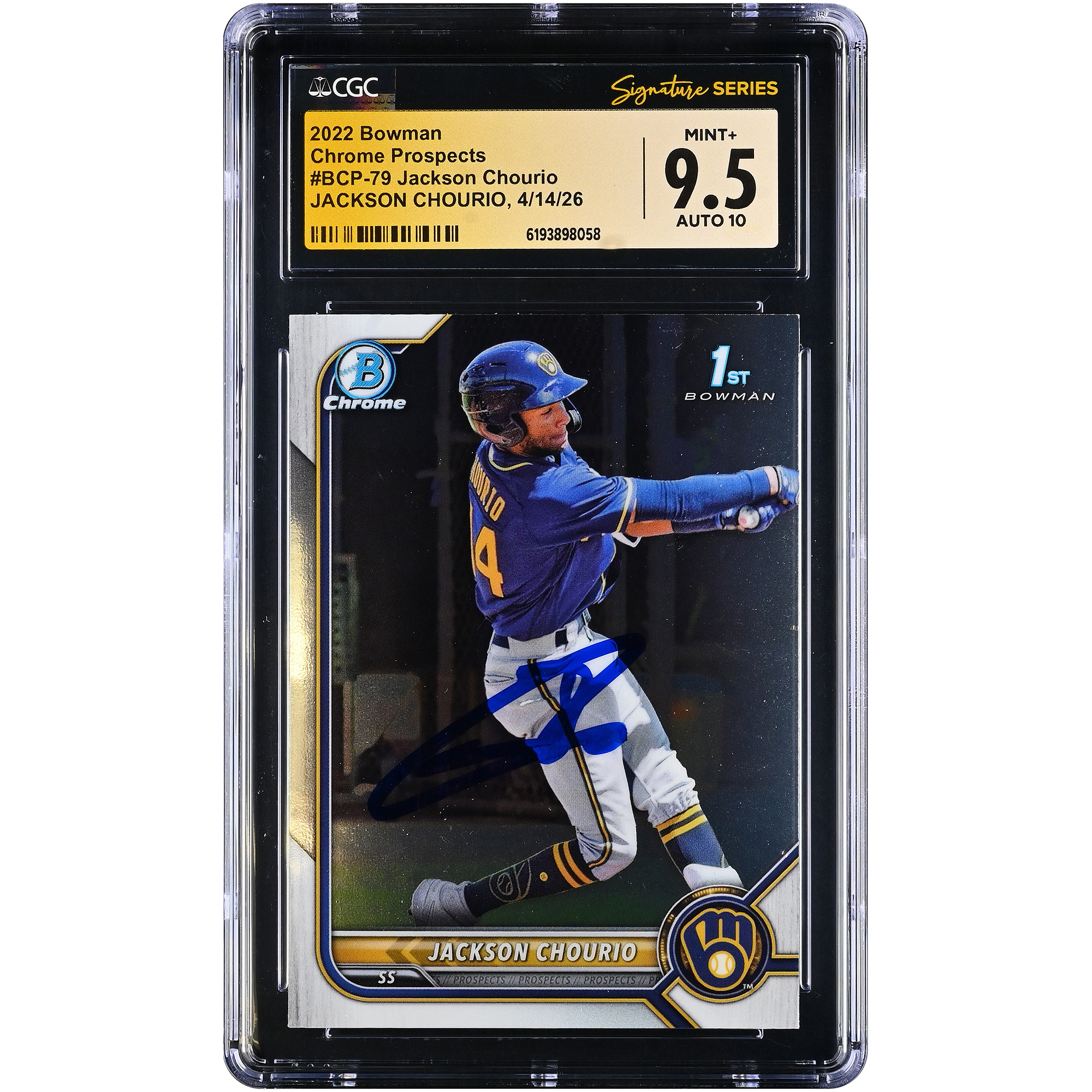 Jackson Chourio Milwaukee Brewers Autographed 2022 Bowman Chrome Prospects #BCP-79 CGC Fanatics Witnessed Authenticated /10 Card