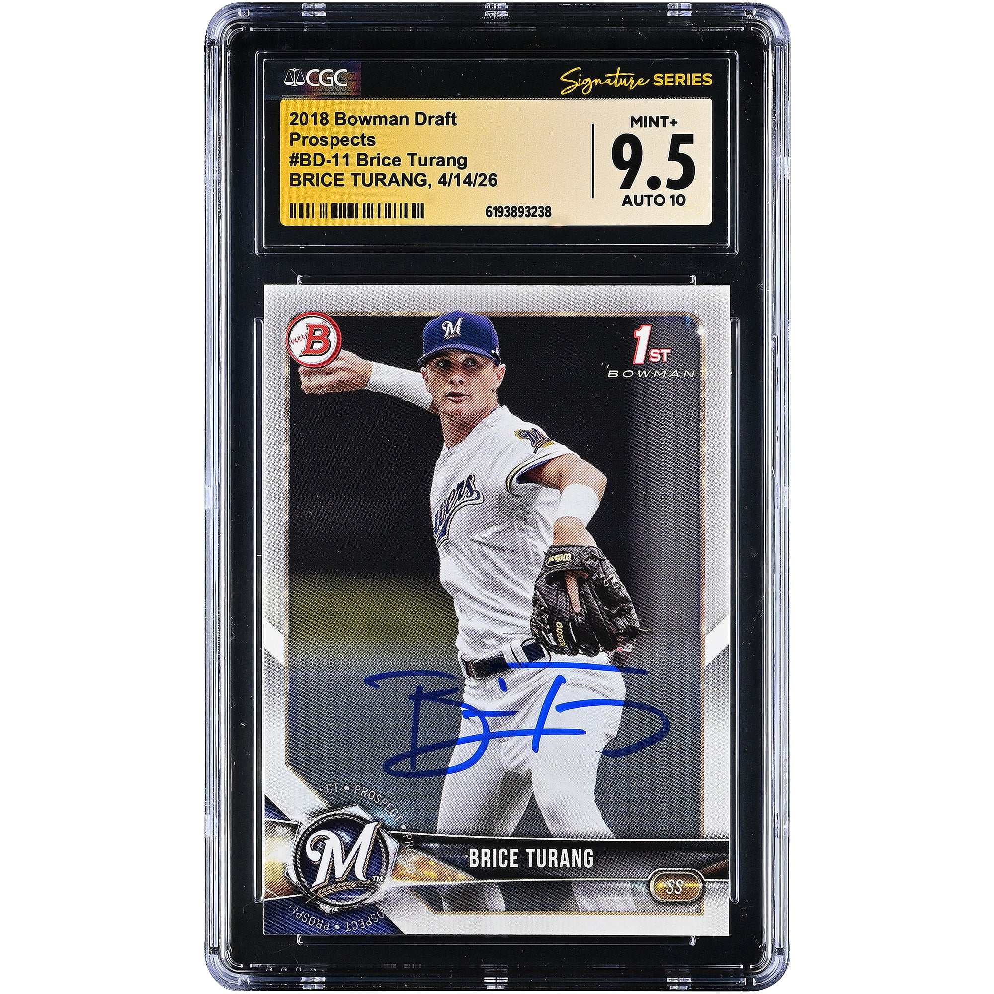 Brice Turang Milwaukee Brewers Autographed 2018 Bowman Draft Prospects #BD-11 CGC Fanatics Witnessed Authenticated 9.5/10 Card. rookie card picture