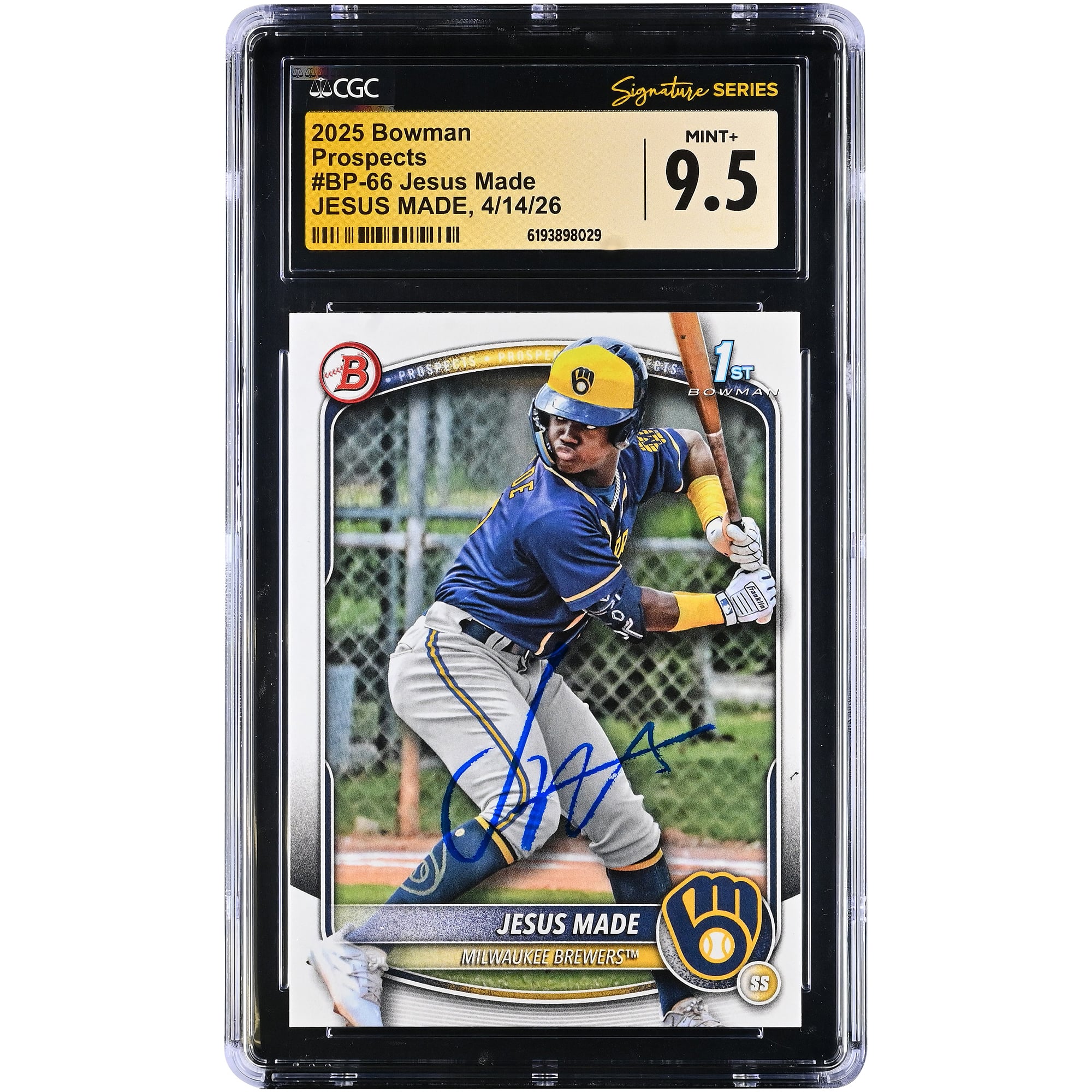 Tarjeta autografiada de Jesús Made, Milwaukee Brewers, 2025 Bowman Prospects #BP-66, autenticada por CGC Fanatics Witnessed, MINT+ 9.5.