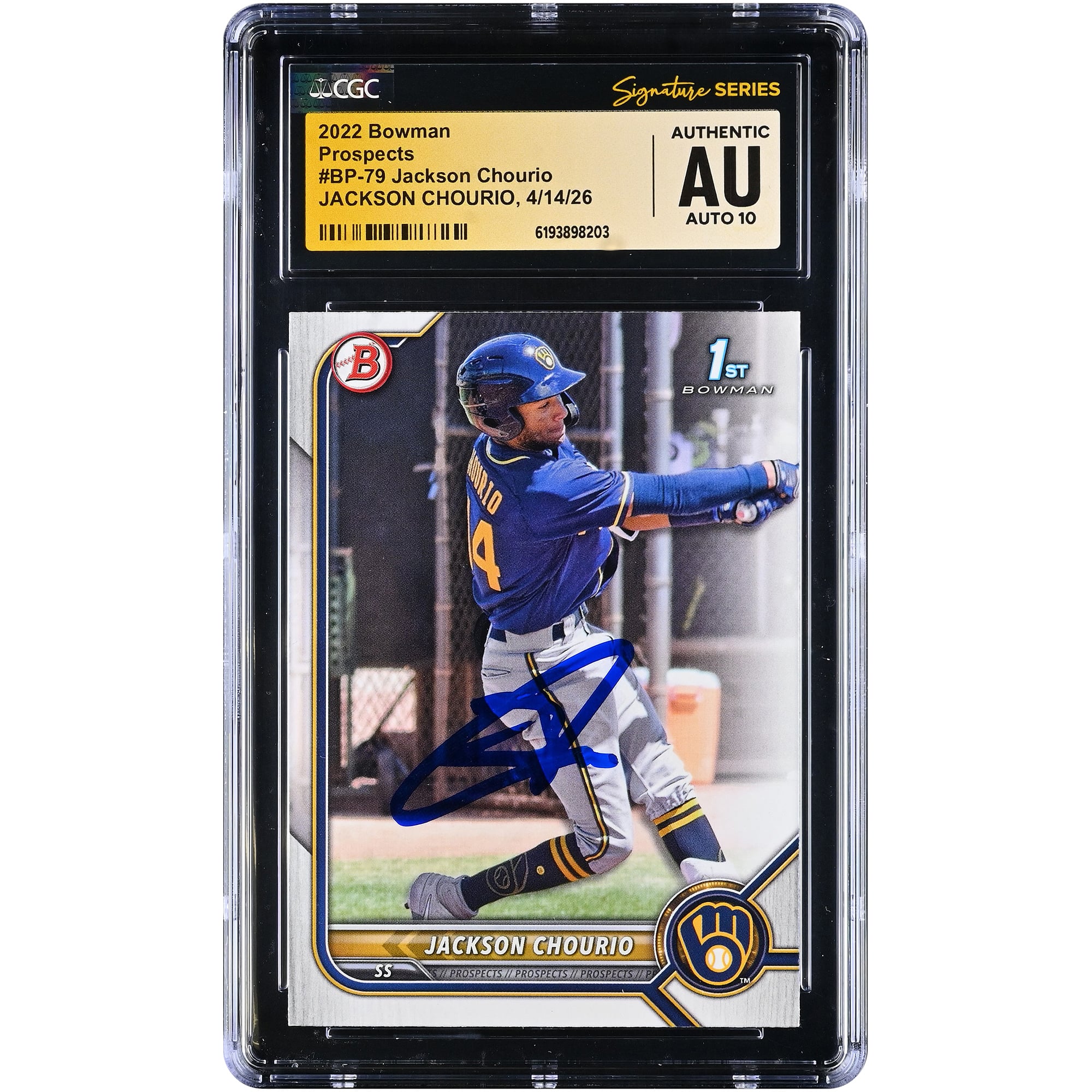 Tarjeta autografiada de Jackson Chourio de los Milwaukee Brewers, 2022 Bowman Prospects #BP-79, autenticada por CGC Fanatics Witnessed. Tarjeta AUTO 10.