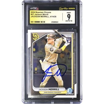 Jackson Merrill San Diego Padres Autographed 2024 Bowman Chrome #27 CGC Fanatics Witnessed Authenticated 9/10 Rookie Card