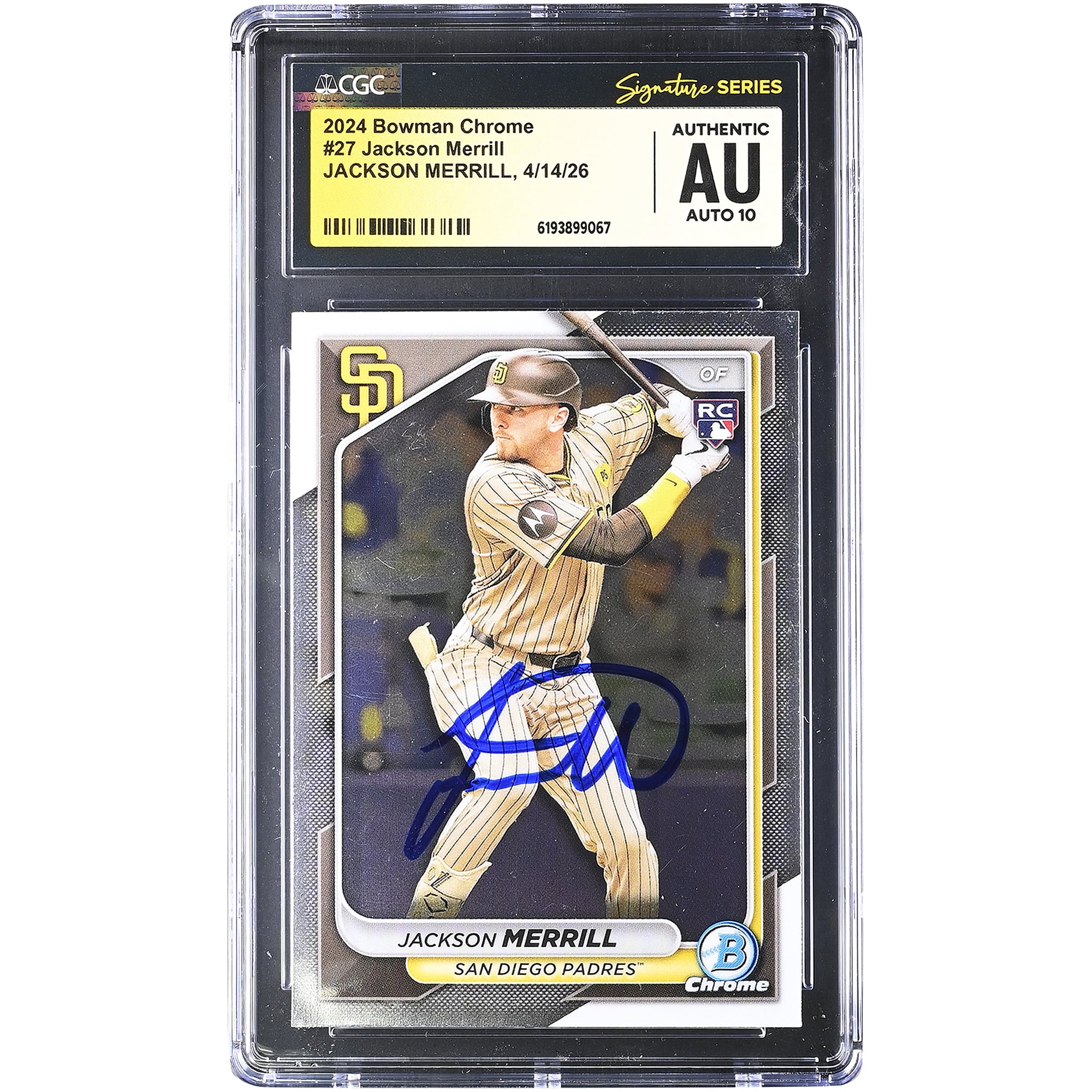 Jackson Merrill San Diego Padres Autographed 2024 Bowman Chrome #27 CGC Fanatics Witnessed Authenticated AUTO 10 Rookie Card