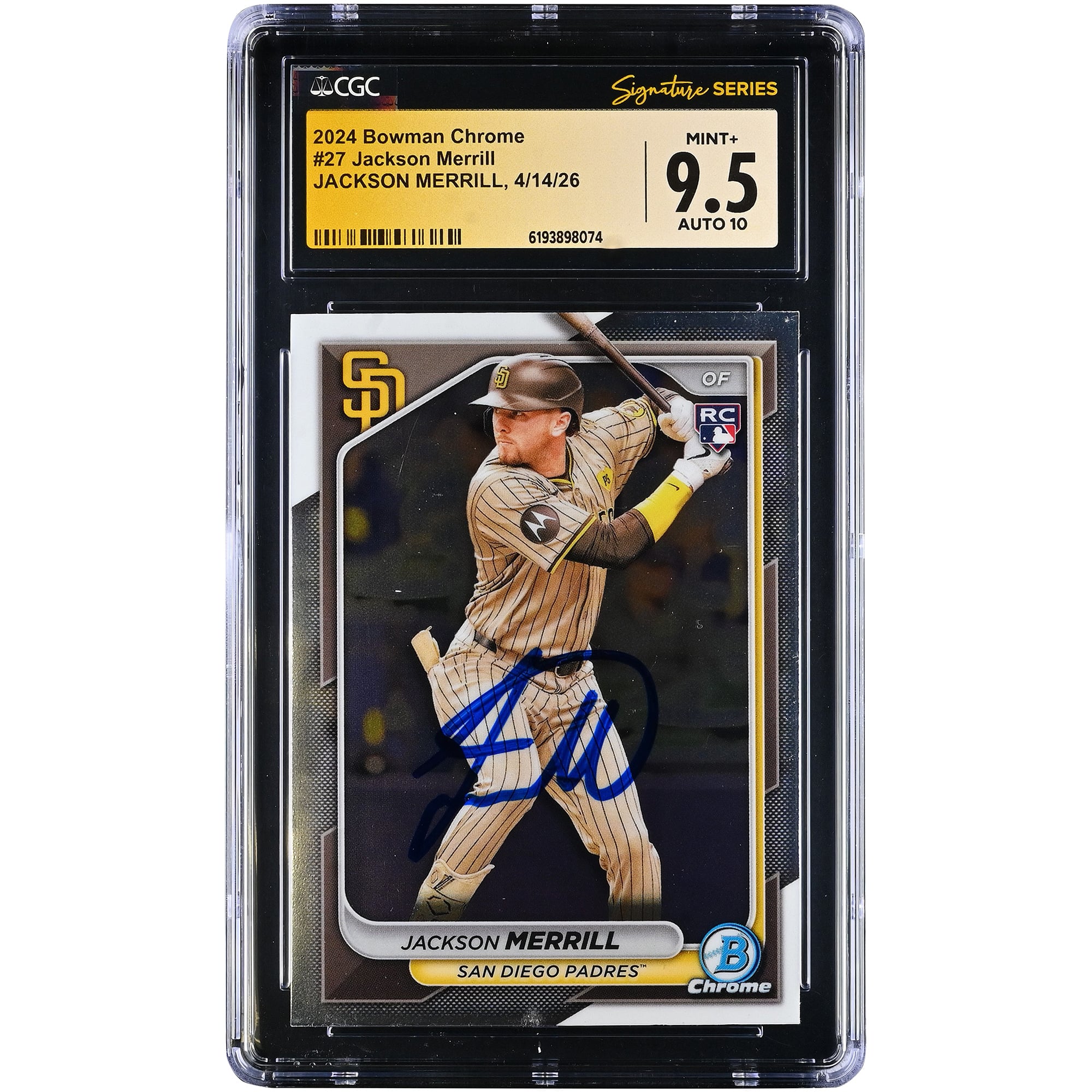 Tarjeta de novato autografiada de Jackson Merrill de los San Diego Padres, 2024 Bowman Chrome #27, autenticada por CGC Fanatics Witnessed, calificación 9.5/10.