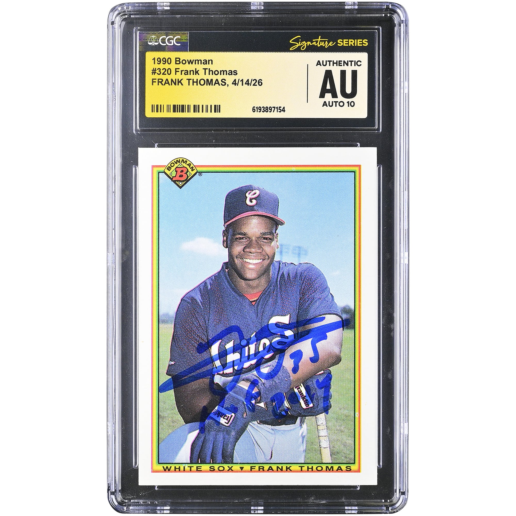 Frank Thomas Chicago White Sox Autographed 1990 Bowman #320 CGC Fanatics Witnessed Authenticated AUTO 10 Rookie Card with HOF 2014 Inscription. rookie card picture