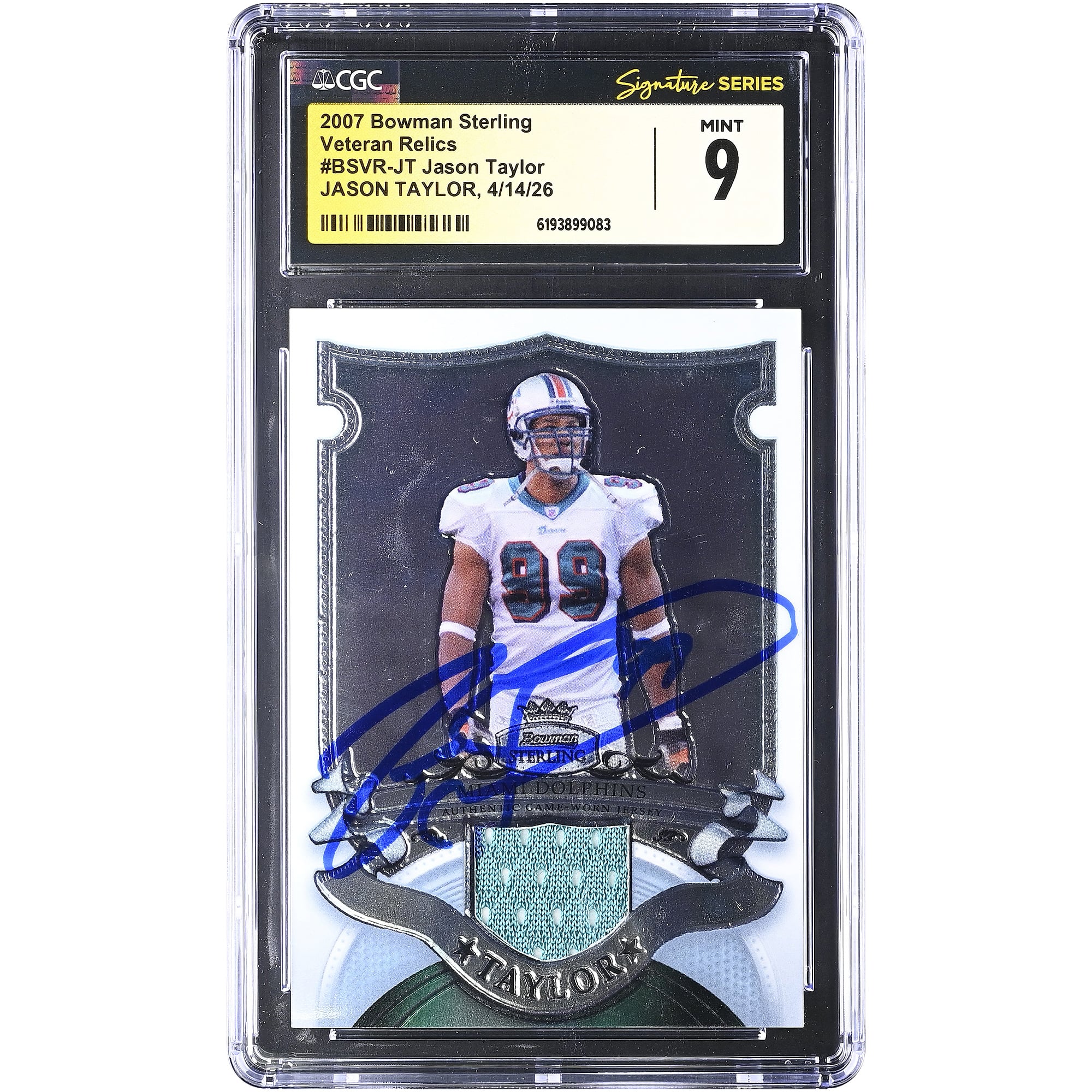 Jason Taylor Miami Dolphins Autographed 2007 Bowman Sterling Veteran Relics #BSVR-JT CGC Fanatics Witnessed Authenticated MINT 9 Card. rookie card picture