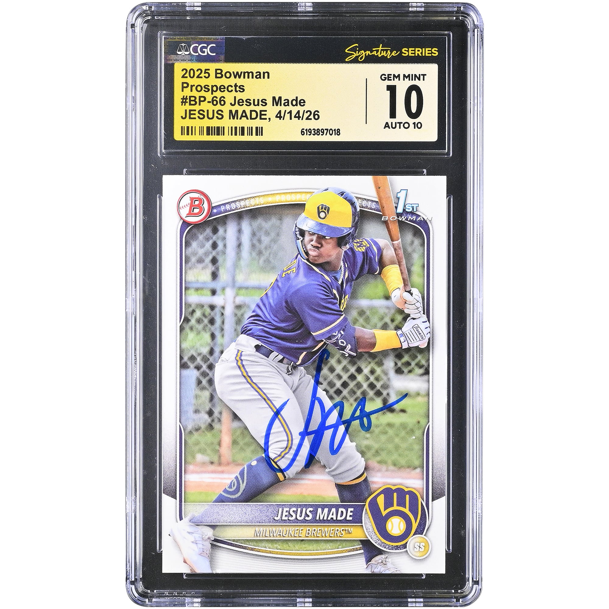 Jesús Made Milwaukee Brewers Autographed 2025 Bowman Prospects #BP-66 CGC Fanatics Witnessed Authenticated 10/10 Card