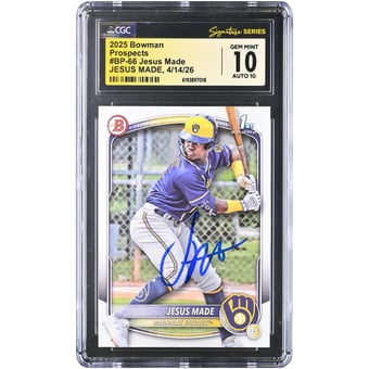 Jesús Made Milwaukee Brewers Autographed 2025 Bowman Prospects #BP-66 CGC Fanatics Witnessed Authenticated 10/10 Card