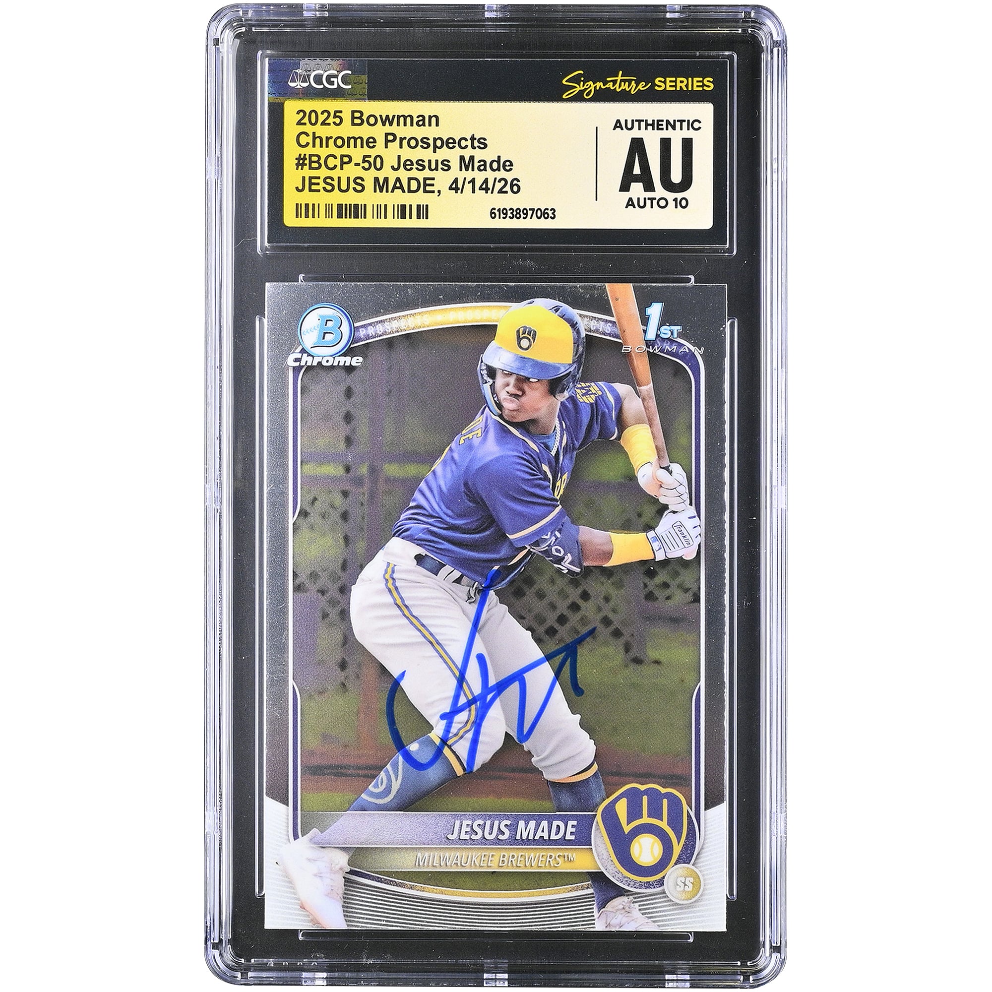 Jesús Made Milwaukee Brewers Autographed 2025 Bowman Chrome Prospects #BCP-50 CGC Fanatics Witnessed Authenticated AUTO 10 Card