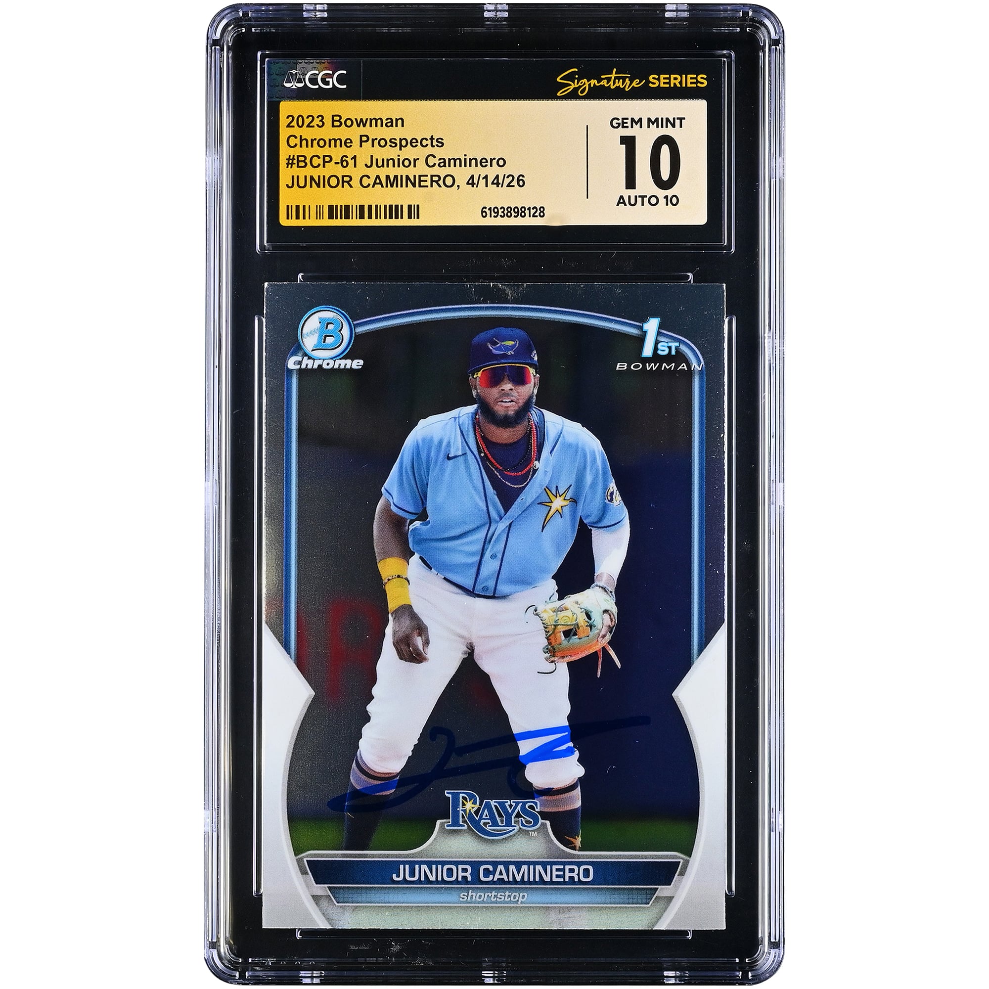 Tarjeta autografiada de Junior Caminero de los Tampa Bay Rays, 2023 Bowman Chrome Prospects #BCP-61, autenticada por CGC Fanatics Witnessed (10/10).