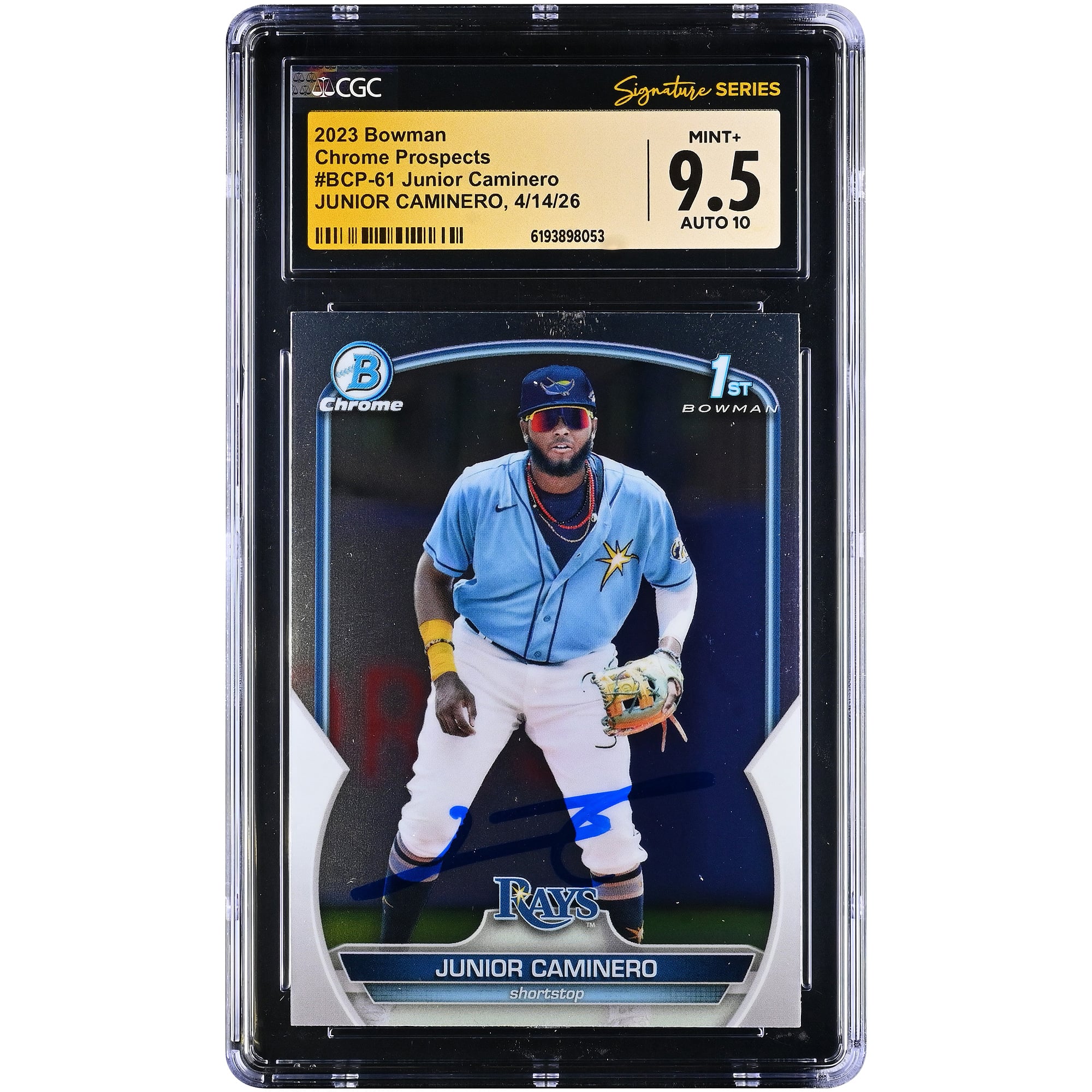 Junior Caminero Tampa Bay Rays Autographed 2023 Bowman Chrome Prospects #BCP-61 CGC Fanatics Witnessed Authenticated 9.5/10 Card. rookie card picture