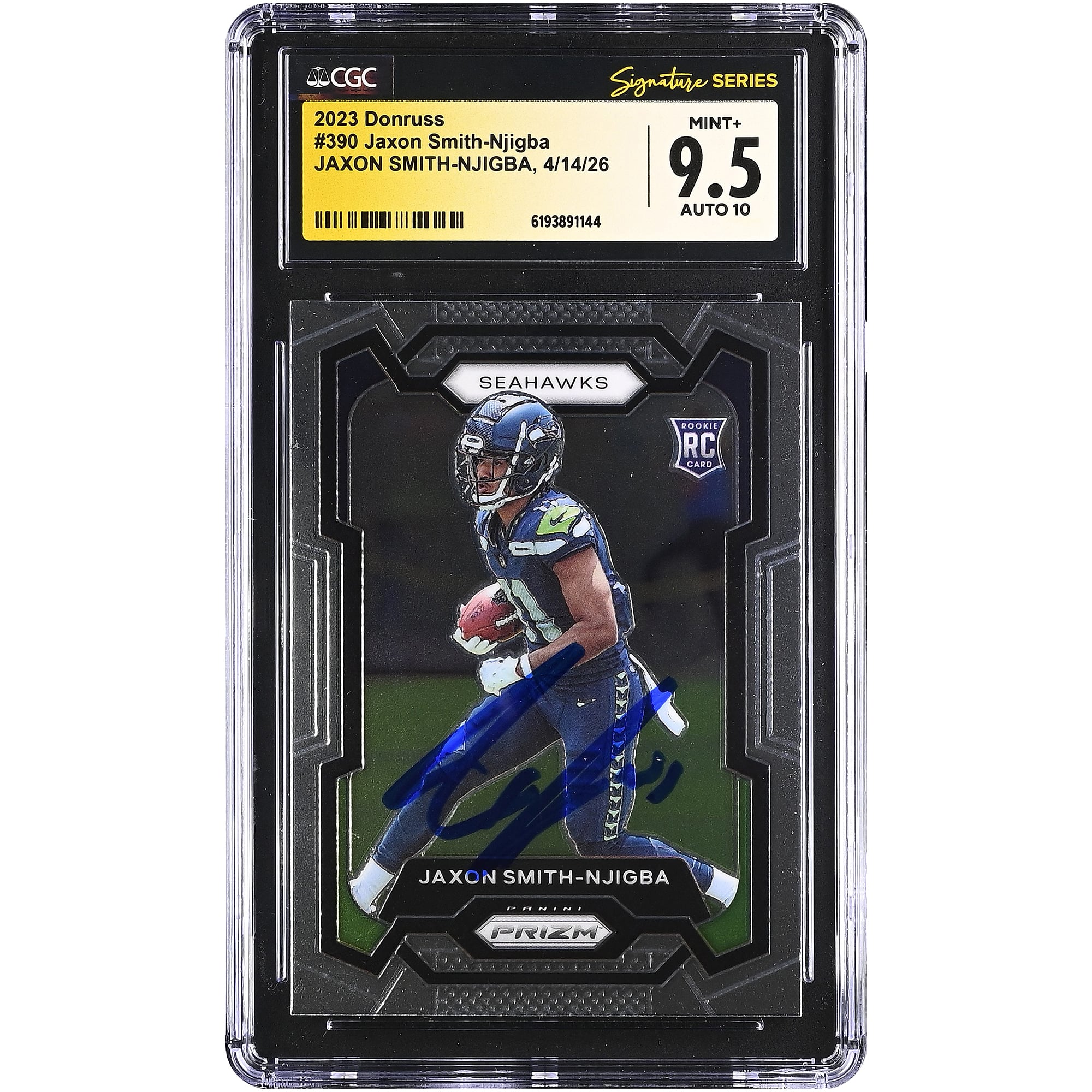Tarjeta de novato autografiada de Jaxon Smith-Njigba de los Seattle Seahawks, Donruss #390, 2023, autenticada por CGC Fanatics Witnessed, calificación 9.5/10.