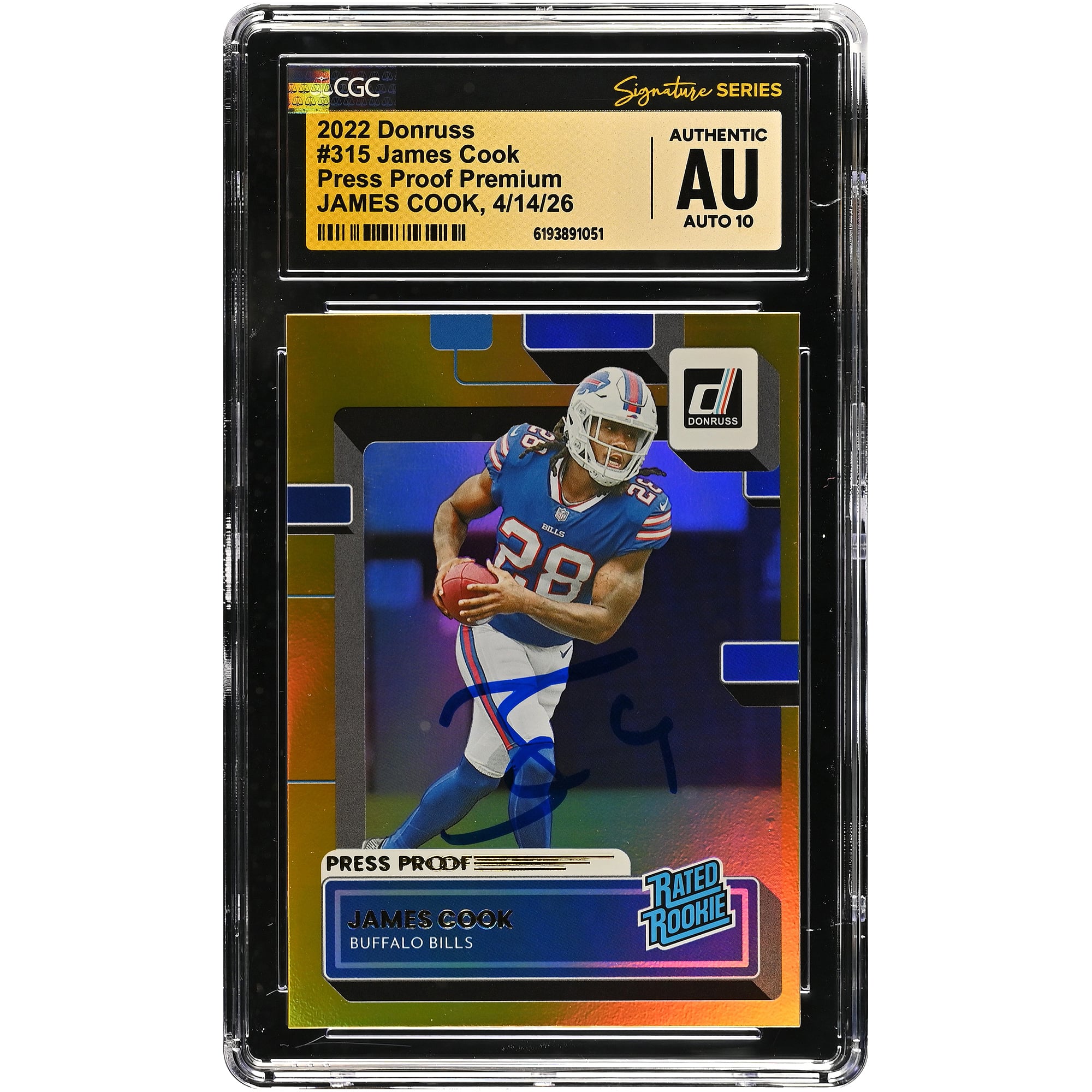 Tarjeta de novato autografiada de James Cook de los Buffalo Bills, 2022, Donruss Press Proof Premium #315, CGC Fanatics Witnessed Authenticated AUTO 10