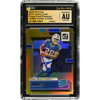 James Cook Buffalo Bills Autographed 2022 Donruss Press Proof Premium #315 CGC Fanatics Witnessed Authenticated AUTO 10 Rookie Card