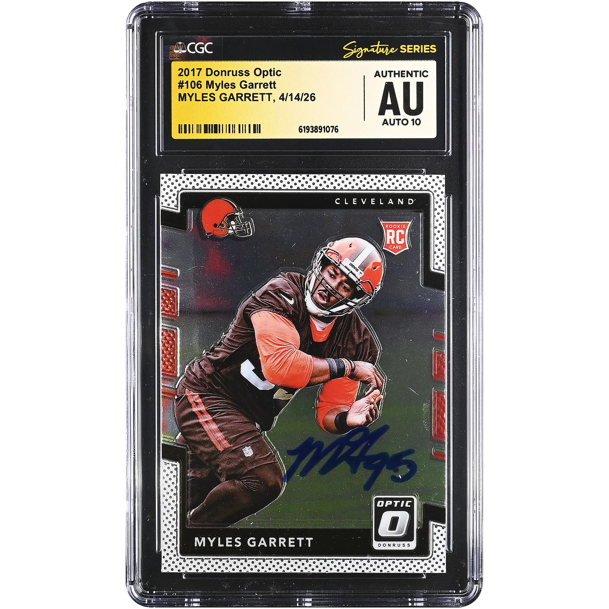 Myles Garrett Cleveland Browns Autographed 2017 Donruss Optic #106 CGC Fanatics Witnessed Authenticated AUTO 10 Rookie Card. rookie card picture