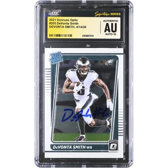DeVonta Smith Philadelphia Eagles Autographed 2021 Donruss Optic #205 CGC Fanatics Witnessed Authenticated AUTO 10 Rookie Card