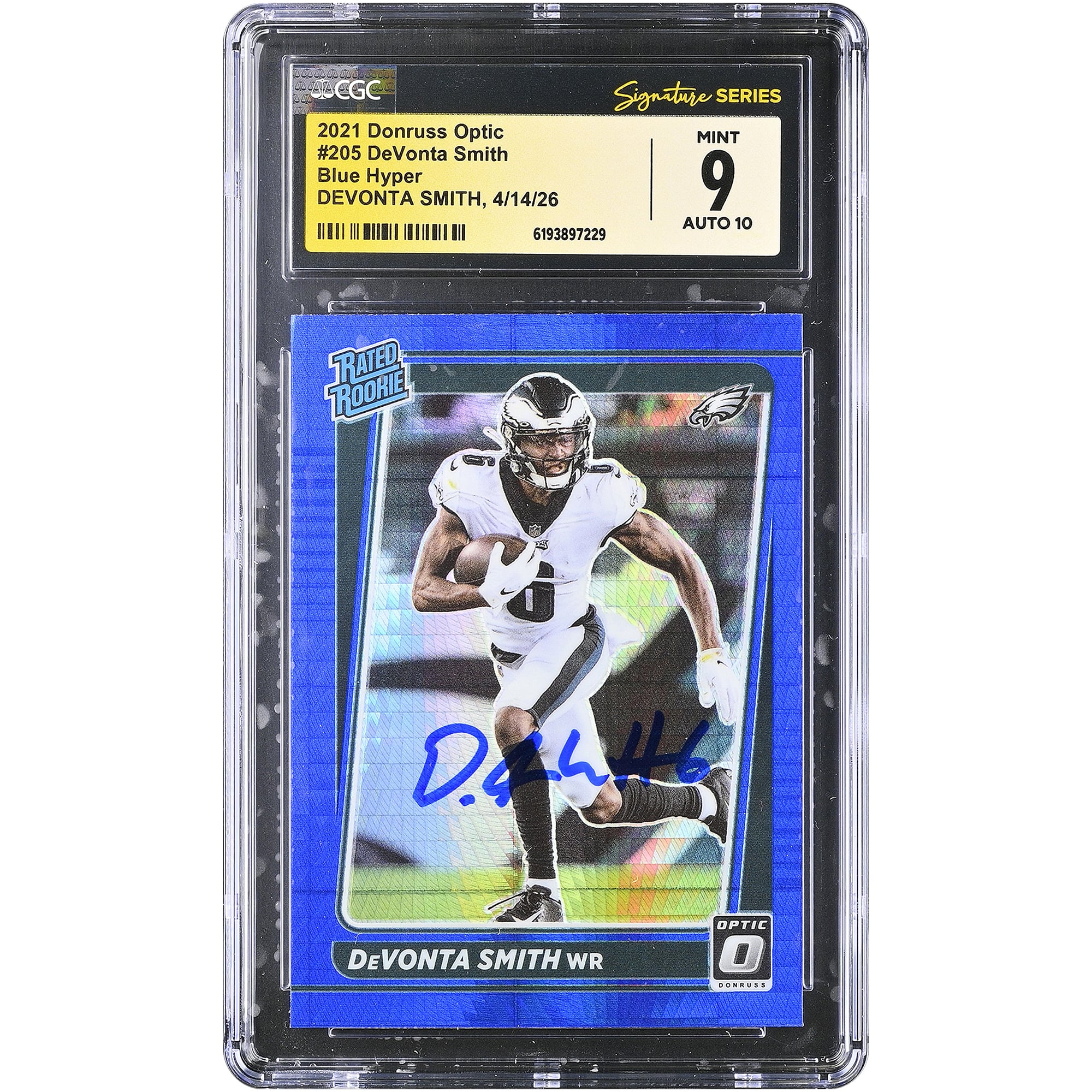 DeVonta Smith Philadelphia Eagles Autographed 2021 Donruss Optic Blue Hyper #205 CGC Fanatics Witnessed Authenticated 9/10 Rookie Card