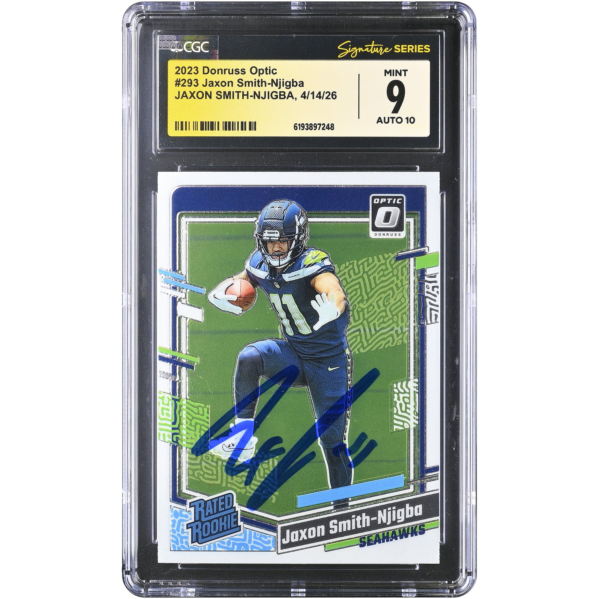 Tarjeta de novato autografiada de Jaxon Smith-Njigba de los Seattle Seahawks, 2023, Donruss Optic #293, CGC Fanatics Witnessed Authenticated 9/10.