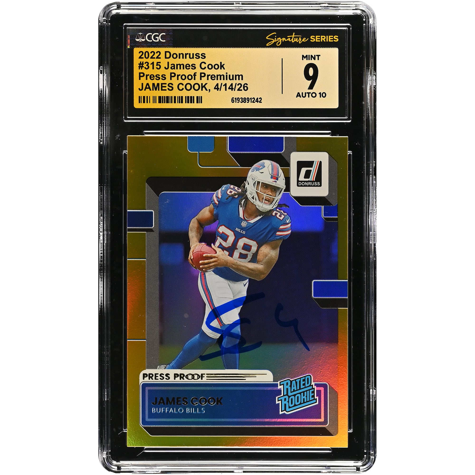 Tarjeta de novato autografiada de James Cook de los Buffalo Bills, 2022, Donruss Press Proof Premium #315, CGC Fanatics Witnessed Authenticated 9/10.