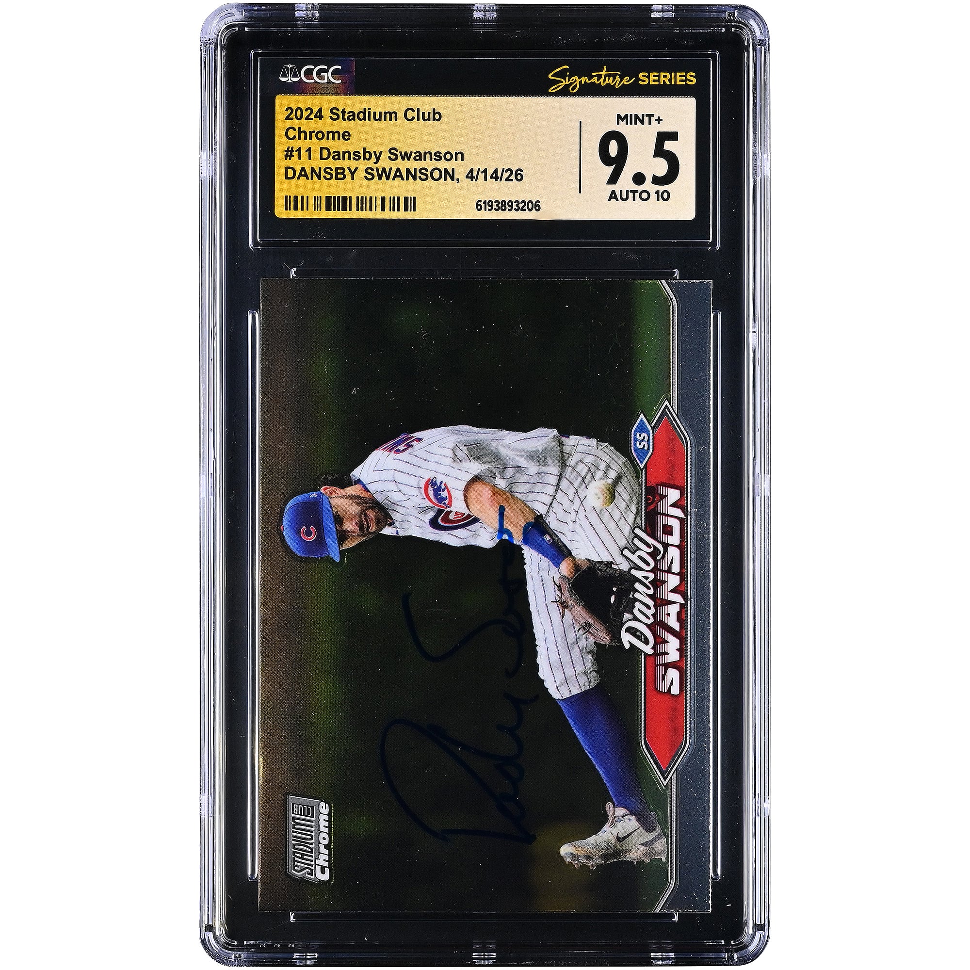 Tarjeta autografiada de Dansby Swanson de los Chicago Cubs, edición 2024, Stadium Club Chrome # 11 , autenticada por CGC Fanatics Witnessed, calificación 9.5/10.
