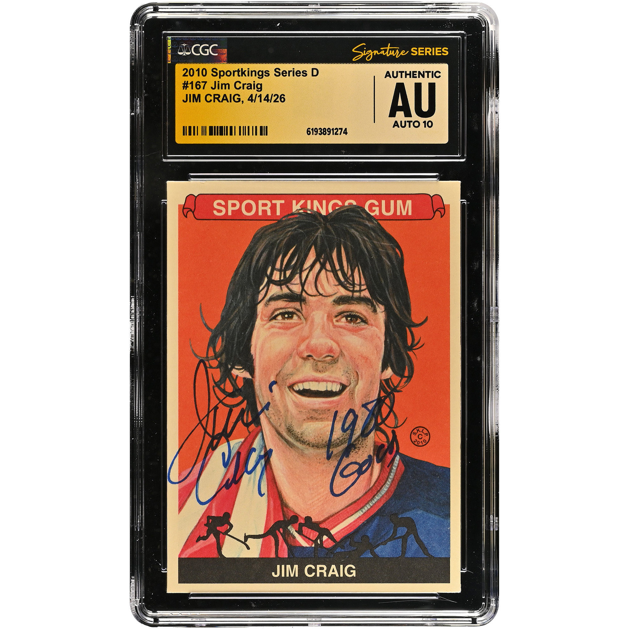 Jim Craig US Hockey Autographed 2010 Sportkings Series D #167 CGC Fanatics Witnessed Authenticated AUTO 10 Card with "1980 Gold" Inscription