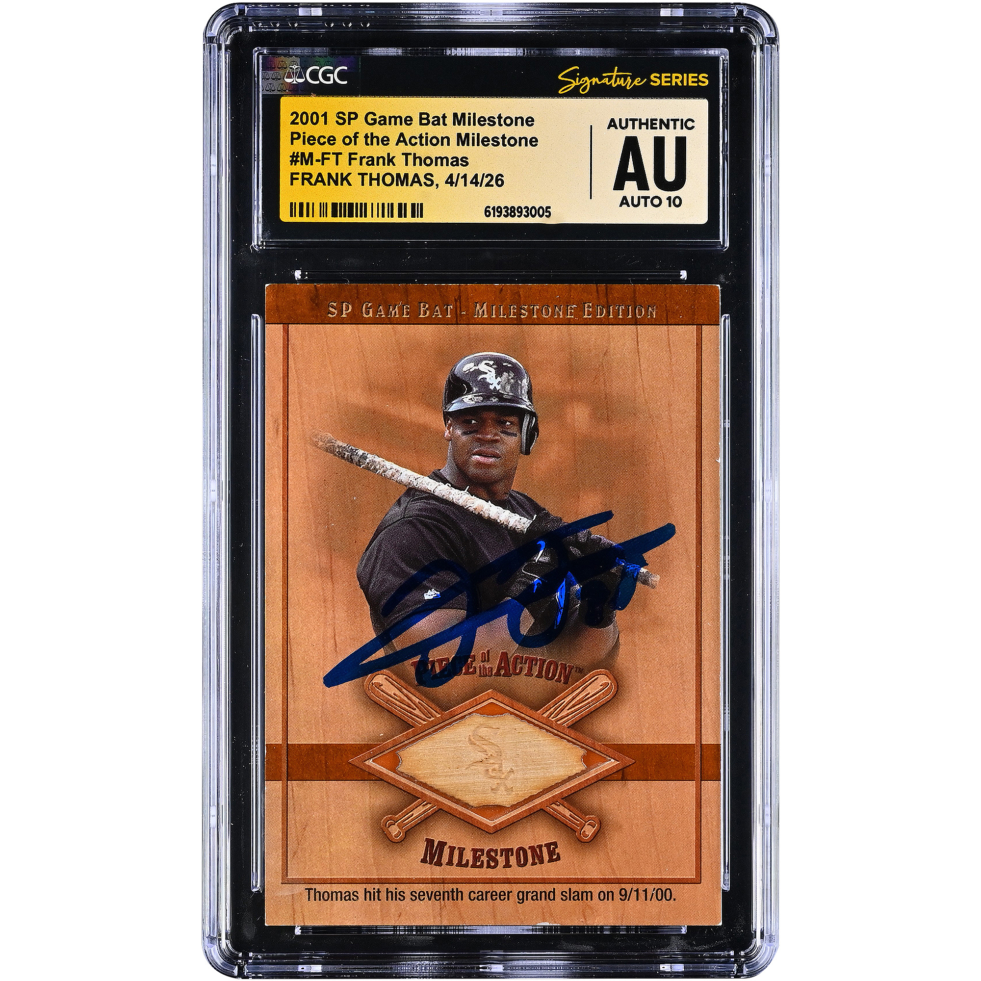 Frank Thomas Chicago White Sox Autographed 2001 SP Game Bat Milestone Piece of the Action Milestone Game-Used Bat Relic #M-FT CGC Fanatics Witnessed Authenticated AUTO 10 Card