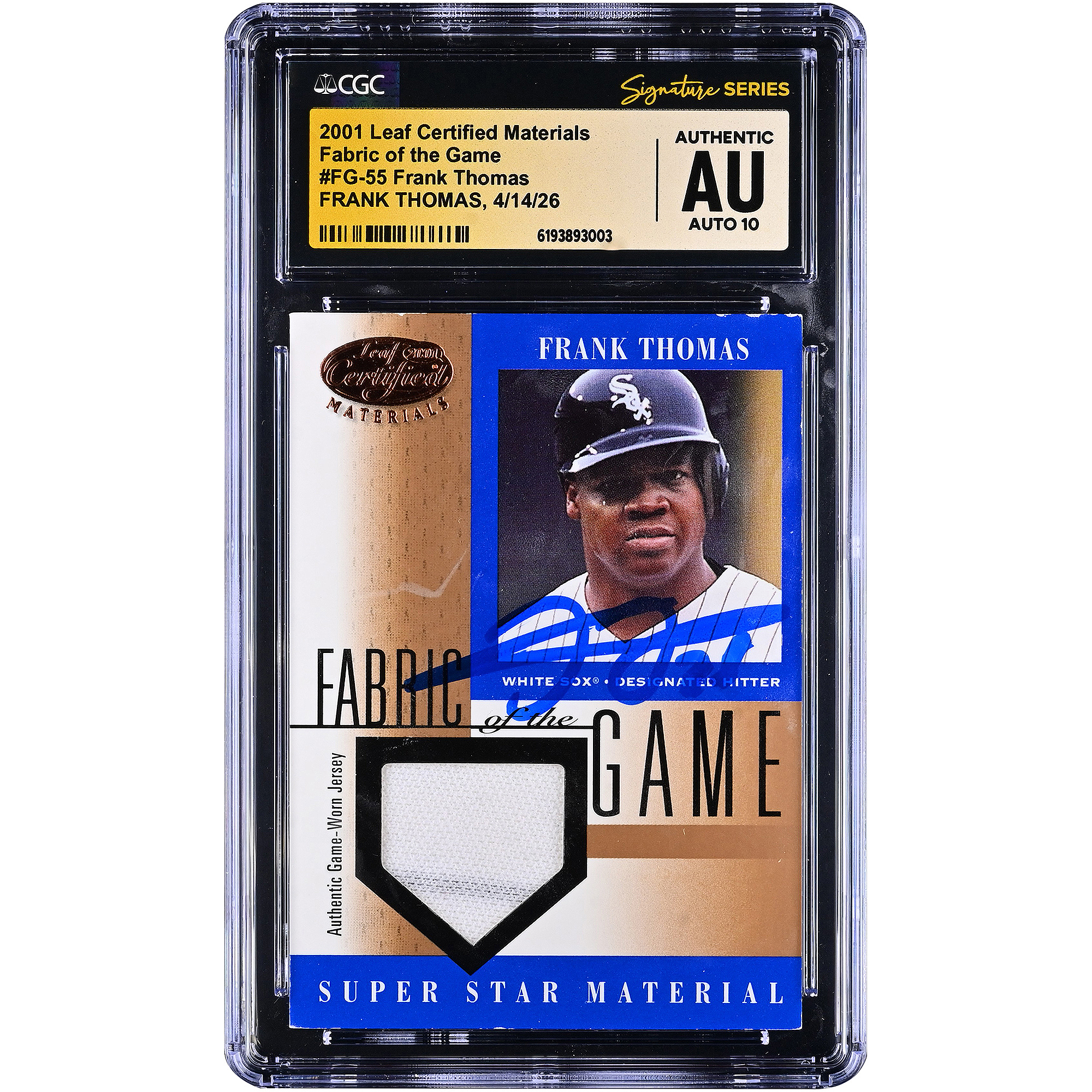 Frank Thomas Chicago White Sox Autographed 2001 Leaf Certified Materials Fabric of the Game Game-Worn Relic #FG-55 CGC Fanatics Witnessed Authenticated AUTO 10 Card