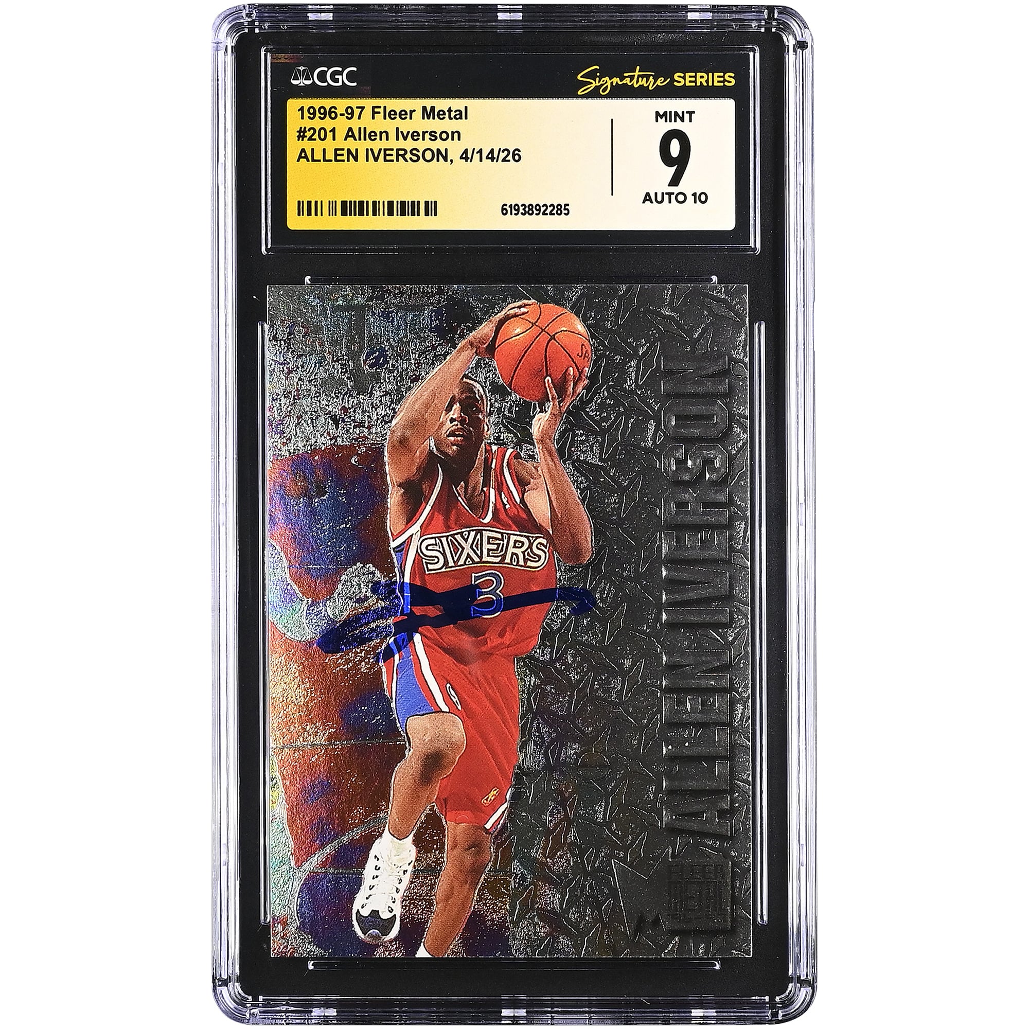 Allen Iverson Philadelphia 76ers Autographed 1996-97 Fleer Metal #201 CGC Fanatics Witnessed Authenticated /10 Rookie Card
