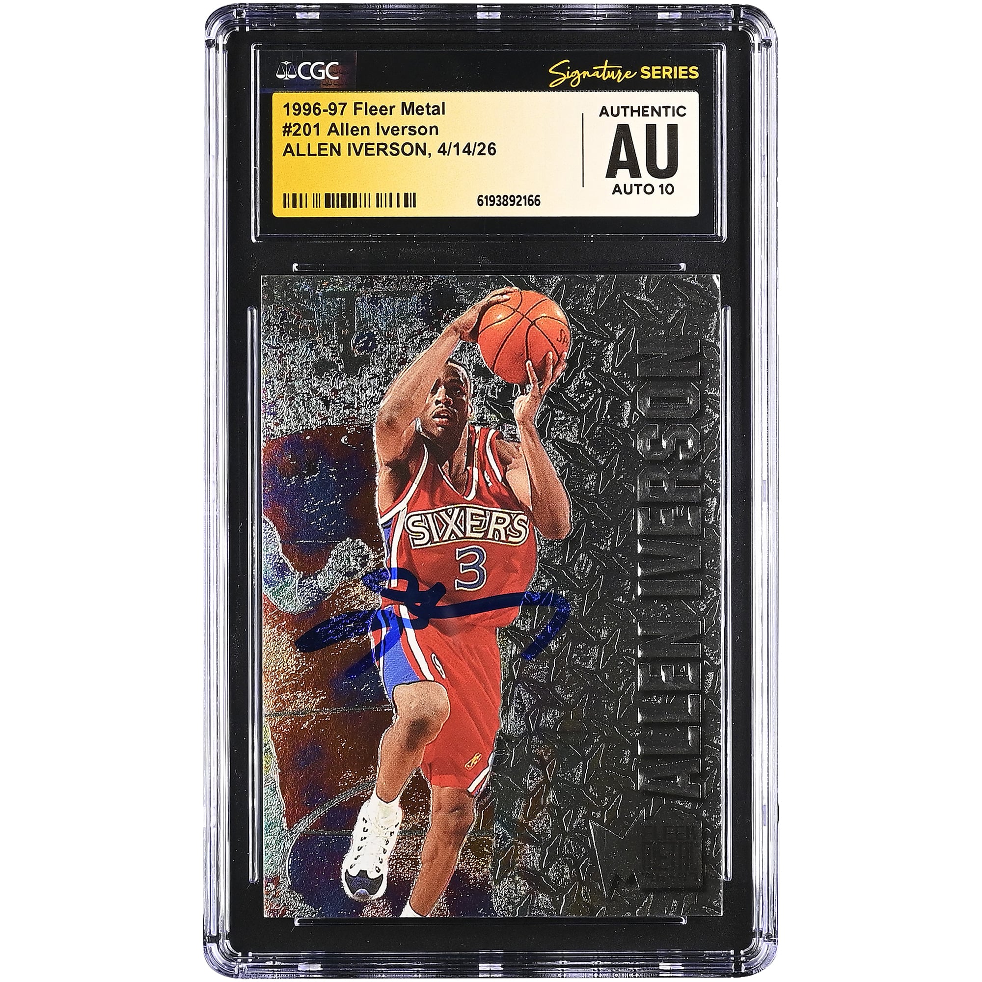 Allen Iverson Philadelphia 76ers Autographed 1996-97 Fleer Metal #201 CGC Fanatics Witnessed Authenticated AUTO 10 Rookie Card