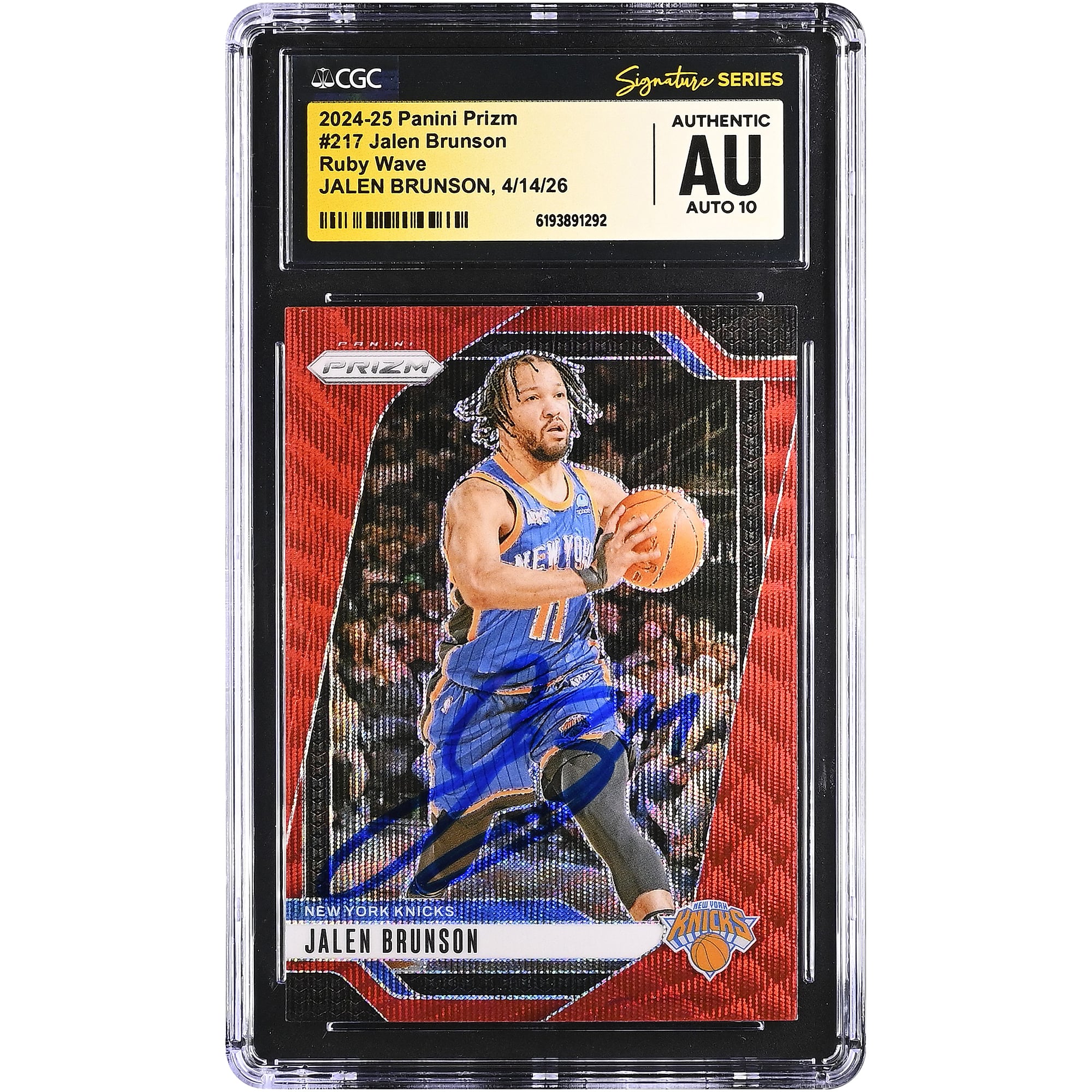 Jalen Brunson New York Knicks Autographed 2024-25 Panini Prizm Ruby Wave #217 CGC Fanatics Witnessed Authenticated AUTO 10 Card. rookie card picture