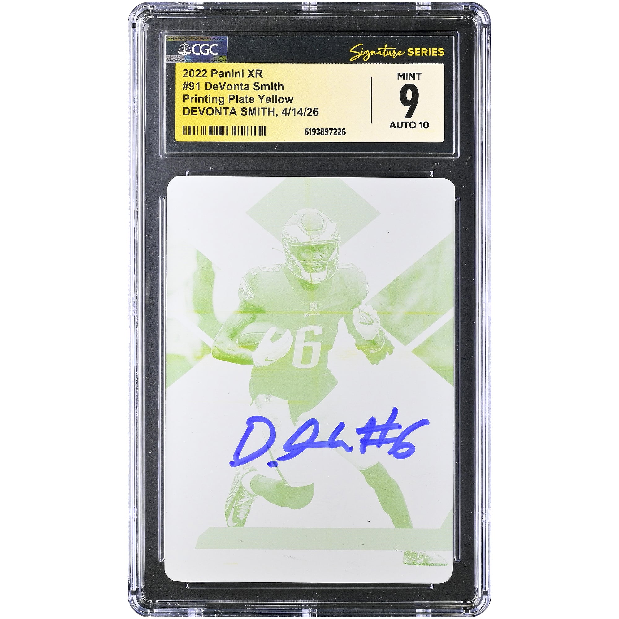 DeVonta Smith Philadelphia Eagles Autographed 2022 Panini XR Printing Plate Yellow #91 #1/1 CGC Fanatics Witnessed Authenticated 9/10 Card