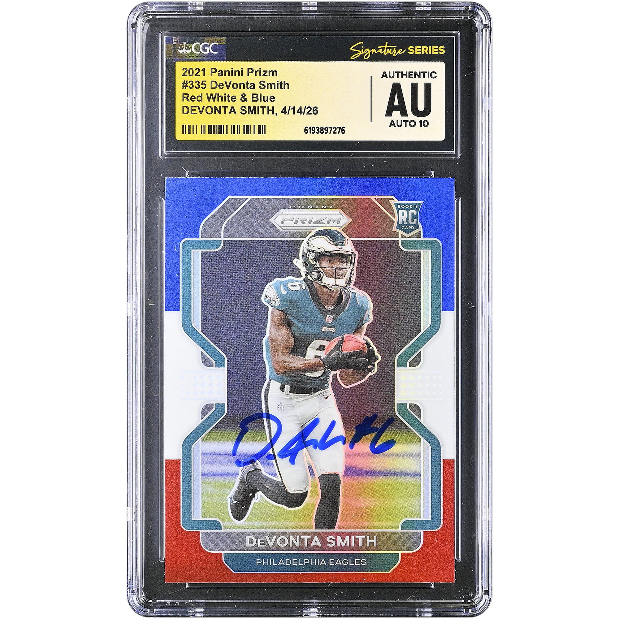 DeVonta Smith Philadelphia Eagles Autographed 2021 Panini Prizm Red White & Blue #335 CGC Fanatics Witnessed Authenticated AUTO 10 Rookie Card