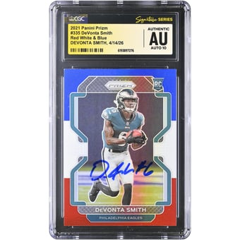 DeVonta Smith Philadelphia Eagles Autographed 2021 Panini Prizm Red White & Blue #335 CGC Fanatics Witnessed Authenticated AUTO 10 Rookie Card