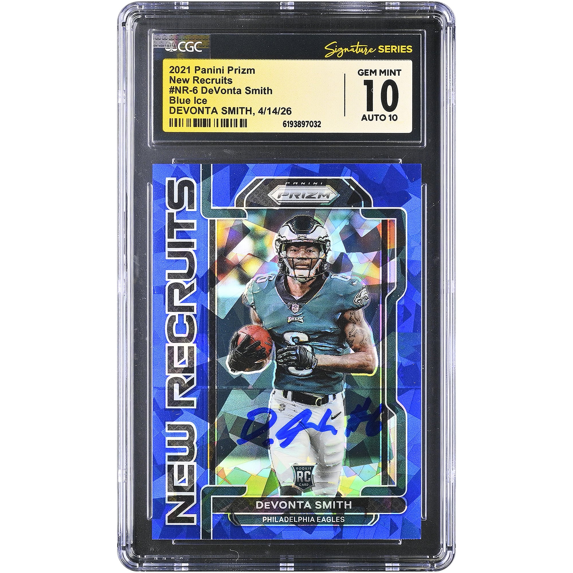 DeVonta Smith Philadelphia Eagles Autographed 2021 Panini Prizm New Recruits Blue Ice #NR-6 #/99 CGC Fanatics Witnessed Authenticated 10/10 Rookie Card
