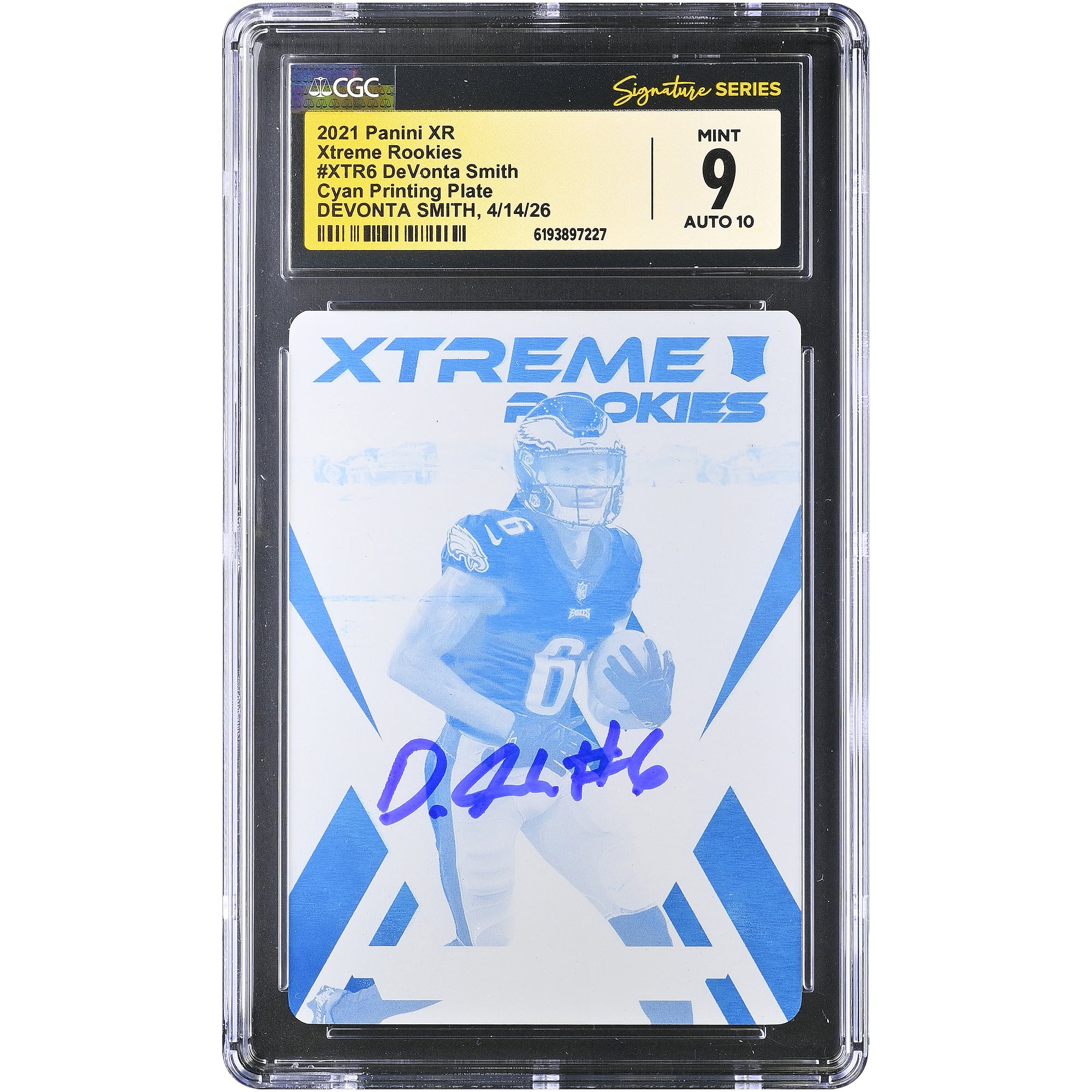 DeVonta Smith Philadelphia Eagles Autographed 2021 Panini XR Xtreme Rookies Cyan Printing Plate #XTR6 #1/1 CGC Fanatics Witnessed Authenticated 9/10 Rookie Card