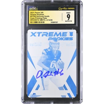 DeVonta Smith Philadelphia Eagles Autographed 2021 Panini XR Xtreme Rookies Cyan Printing Plate #XTR6 #1/1 CGC Fanatics Witnessed Authenticated 9/10 Rookie Card