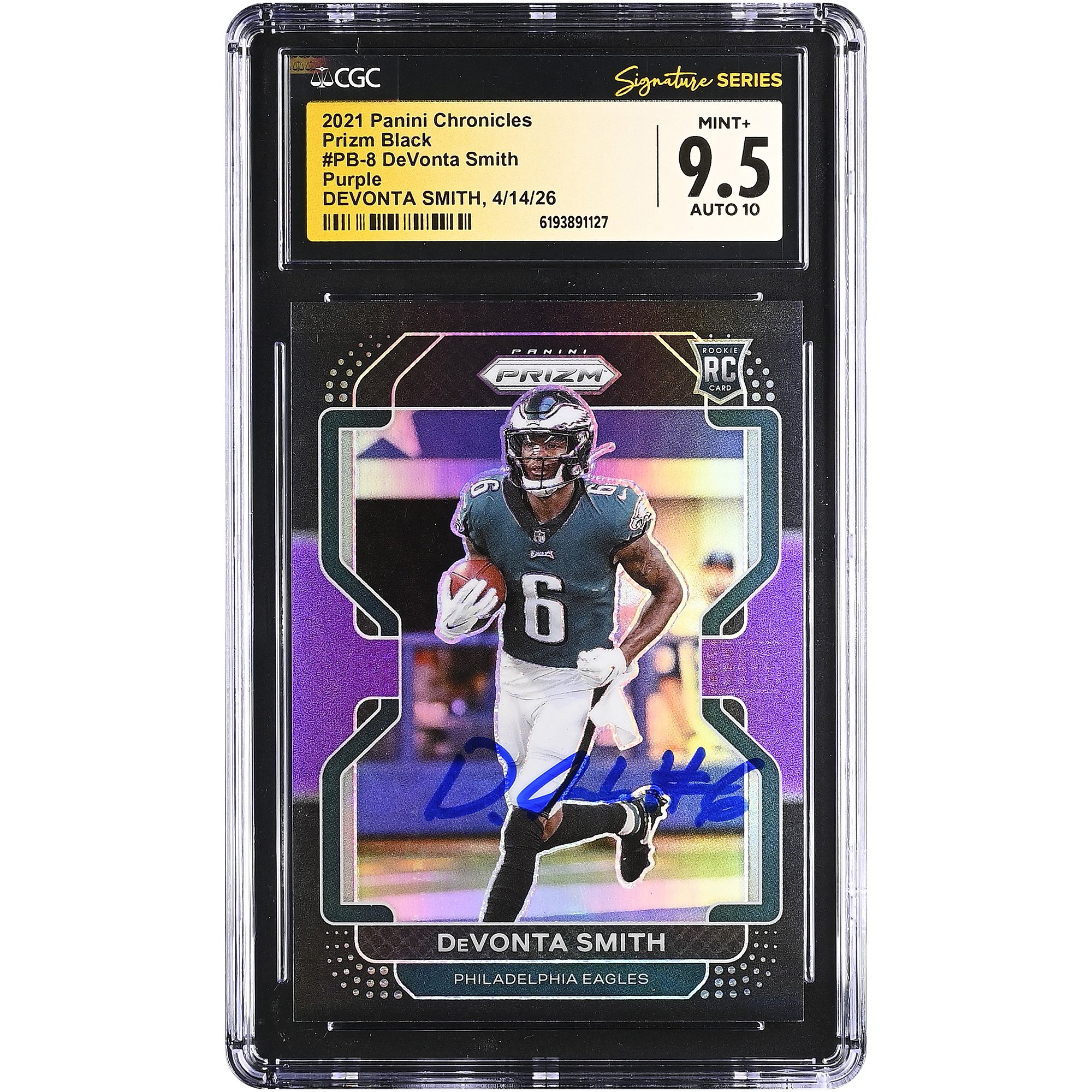 DeVonta Smith Philadelphia Eagles Autographed 2021 Panini Chronicles Prizm Black Purple #PB-8 #/199 CGC Fanatics Witnessed Authenticated 9.5/10 Rookie Card