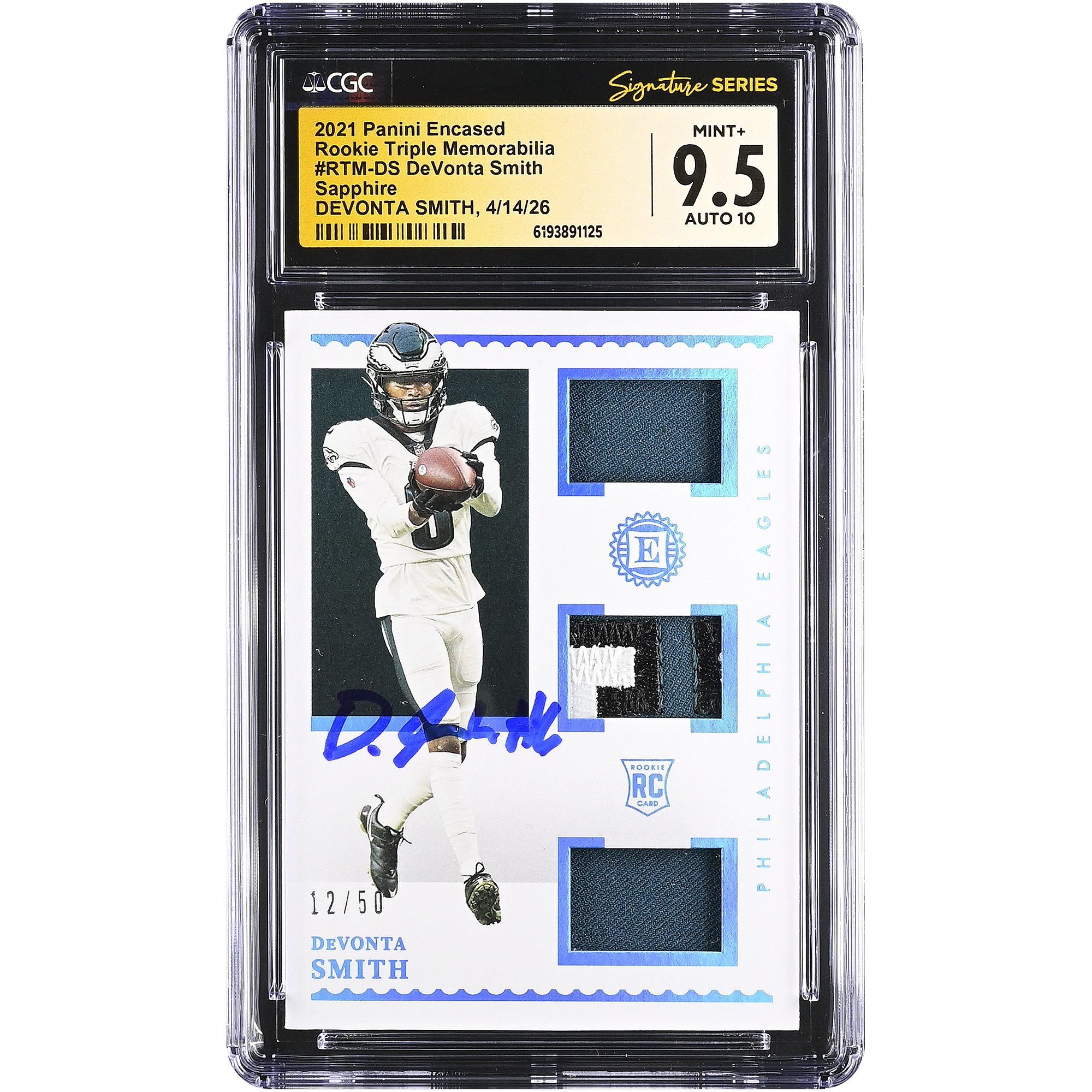 DeVonta Smith Philadelphia Eagles Autographed 2021 Panini Encased Rookie Triple Memorabilia Sapphire Relic #RTM-DS #/50 CGC Fanatics Witnessed Authenticated 9.5/10 Rookie Card