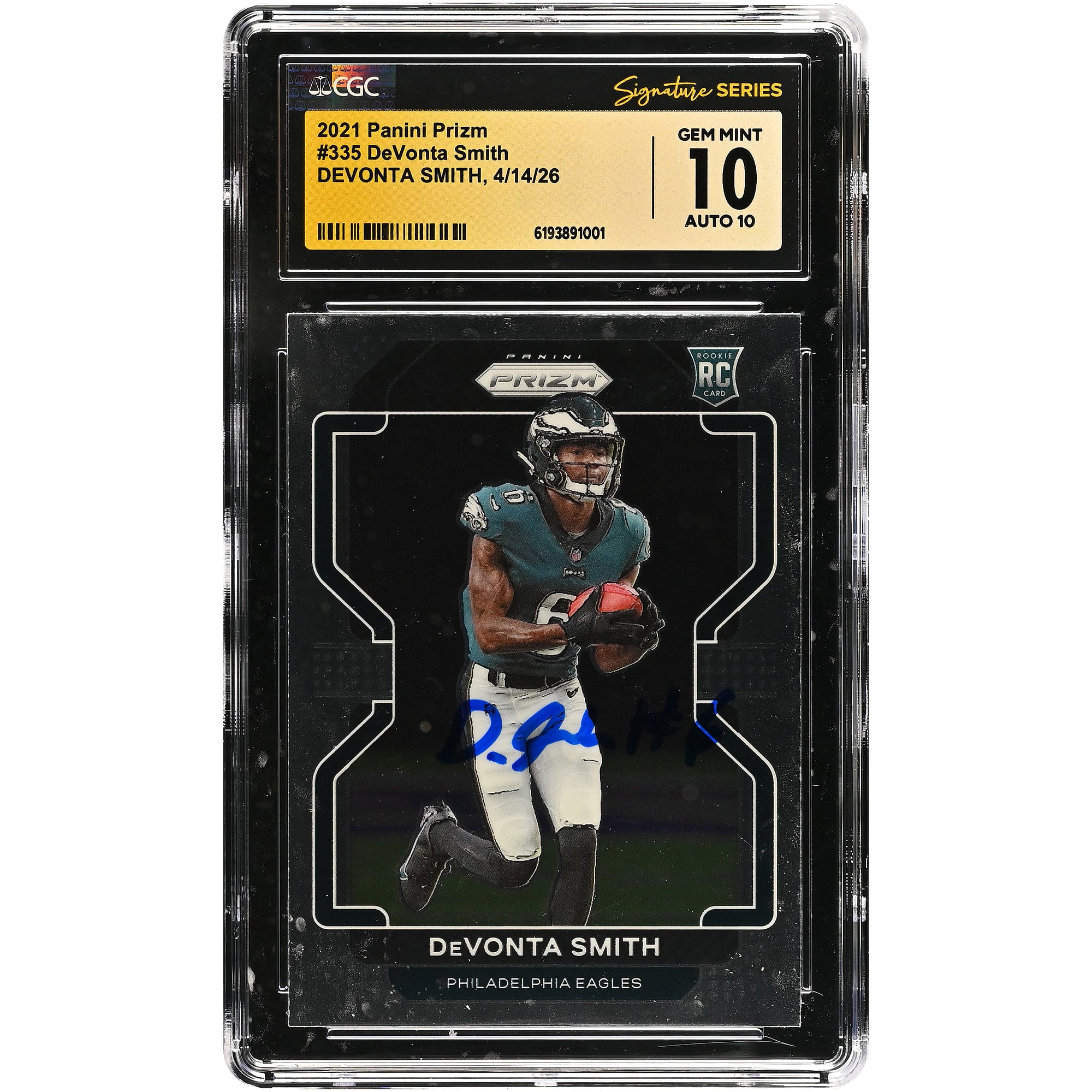 Tarjeta de novato autografiada de DeVonta Smith de los Philadelphia Eagles, Panini Prizm #335, 2021, CGC Fanatics Witnessed Authenticated 10/10.