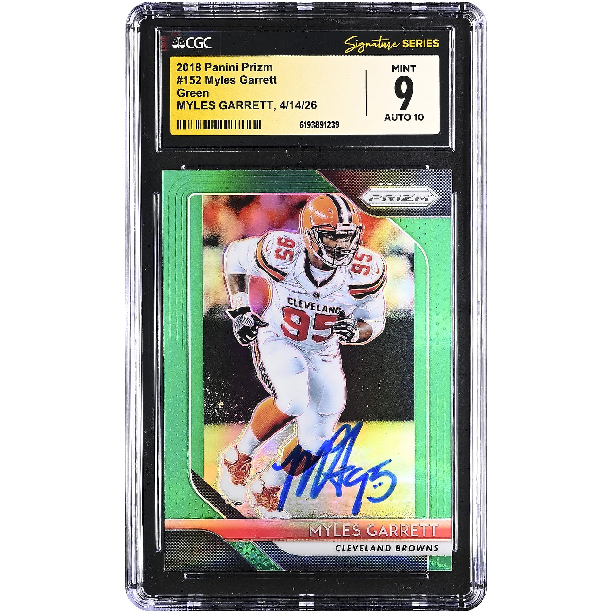 Myles Garrett Cleveland Browns Autographed 2018 Panini Prizm Green #152 CGC Fanatics Witnessed Authenticated 9/10 Card