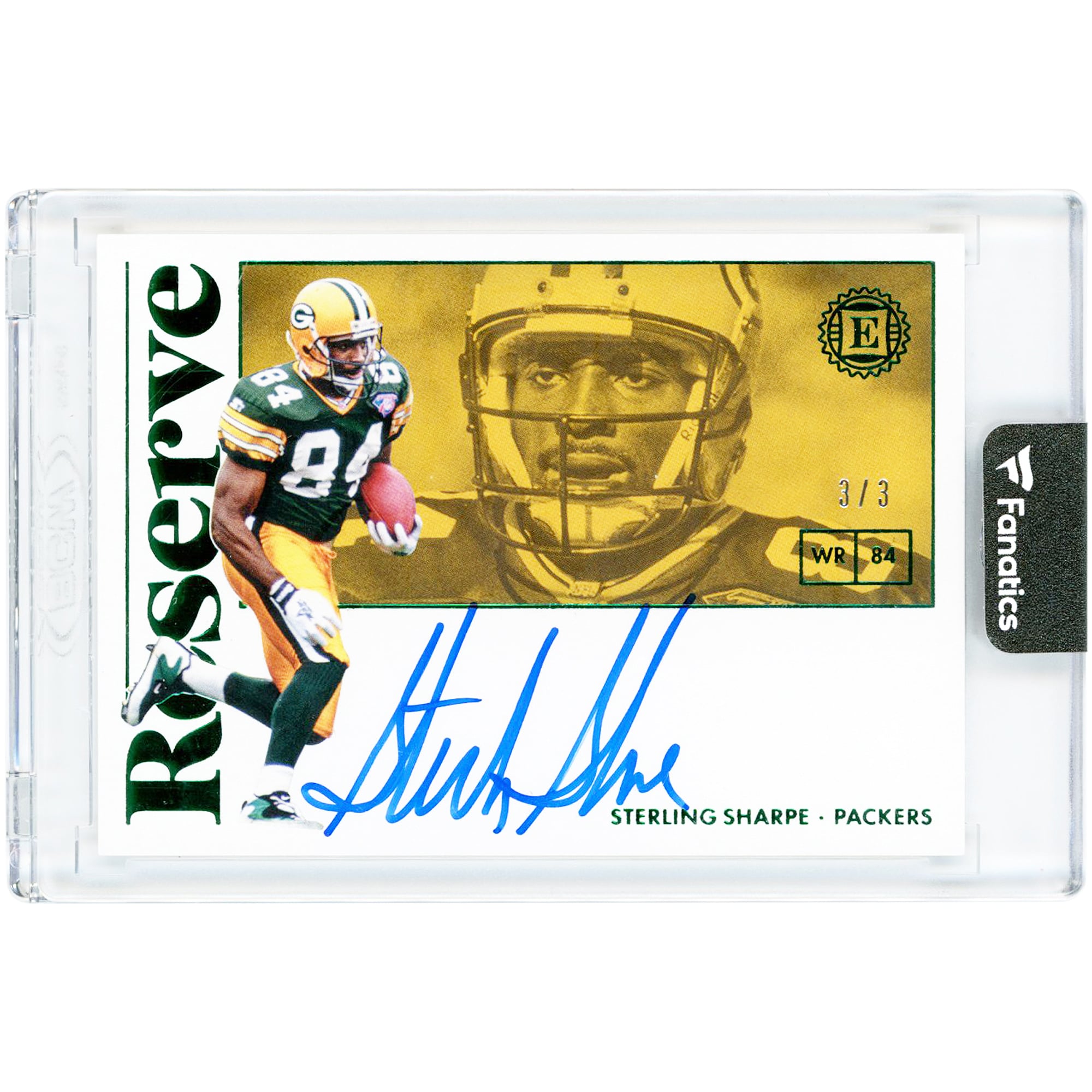 Sterling Sharpe Green Bay Packers Autographed 2018 Panini Encased Reserve Emerald #RS-SH #3/3 Card. rookie card picture