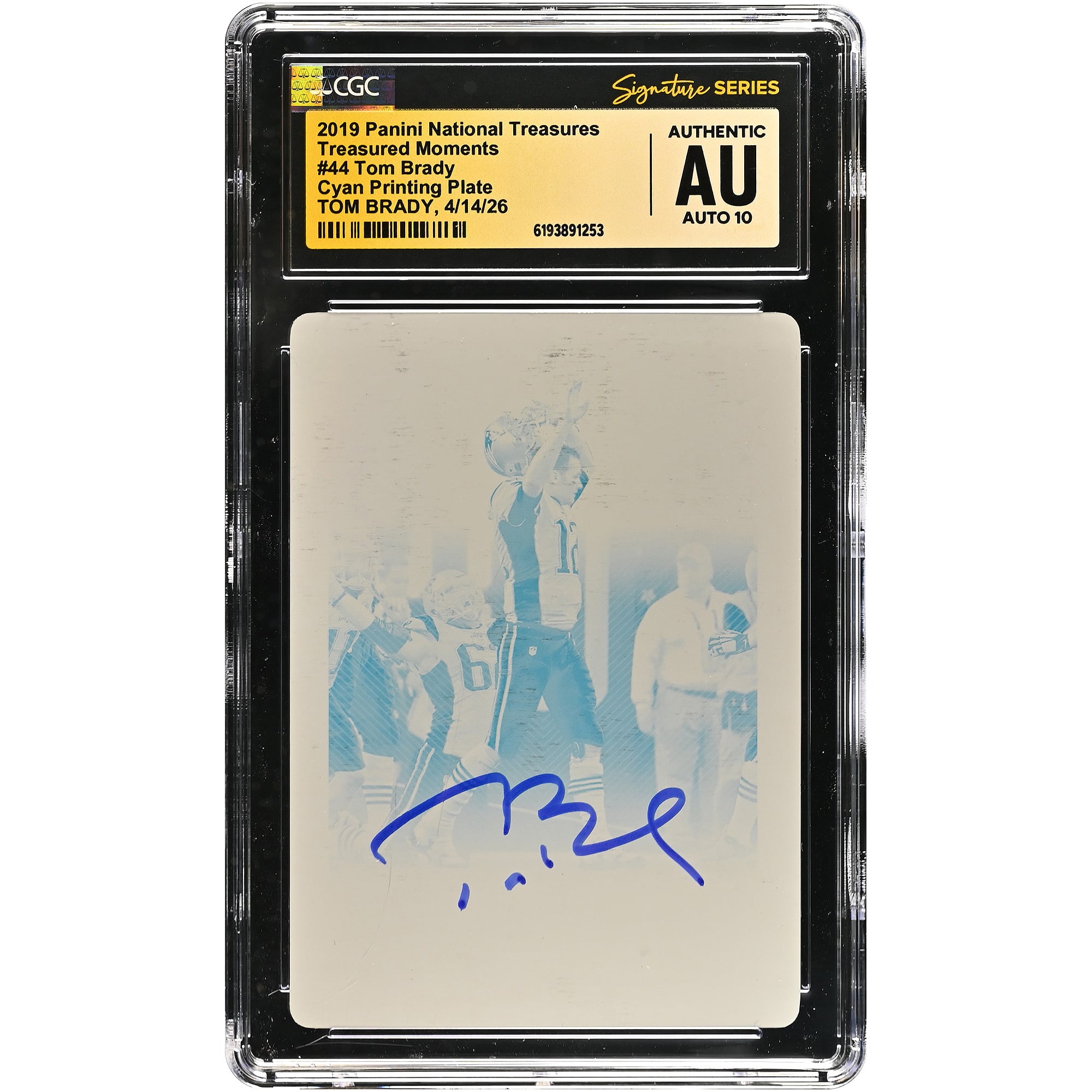 Tom Brady New England Patriots Autographed 2019 Panini National Treasures Cyan Printing Plate #44 #1/1 CGC Fanatics Witnessed Authenticated AUTO 10 Card. rookie card picture