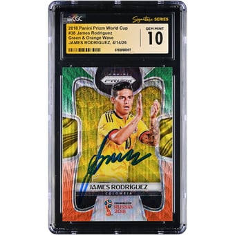 James Rodríguez Colombia National Team Autographed 2018 Panini Prizm World Cup Green & Orange Wave #38 CGC Fanatics Witnessed Authenticated GEM MINT 10 Card