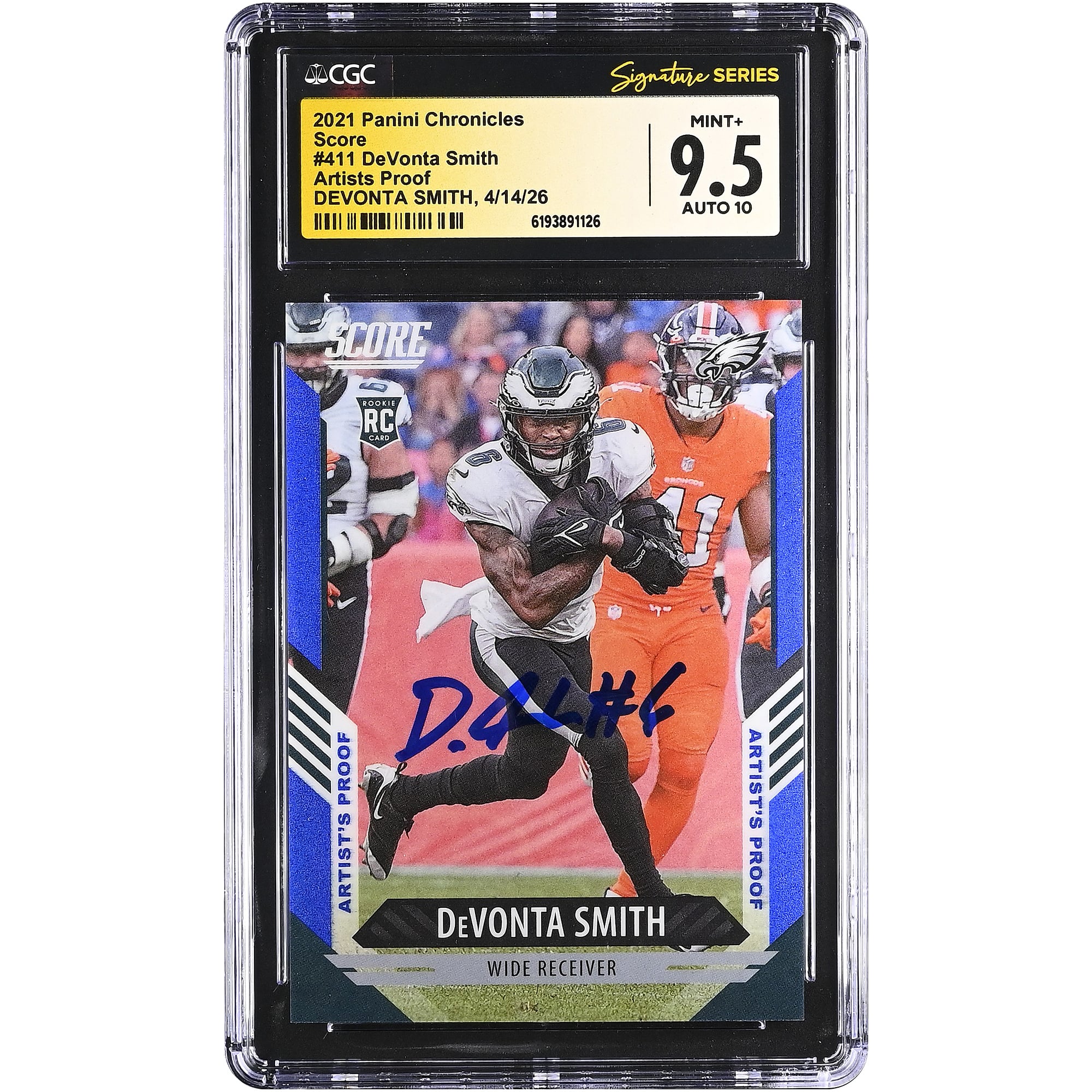 DeVonta Smith Philadelphia Eagles Autographed 2021 Panini Chronicles Score Artists Proof #411 #/35 CGC Fanatics Witnessed Authenticated 9.5/10 Rookie Card. rookie card picture