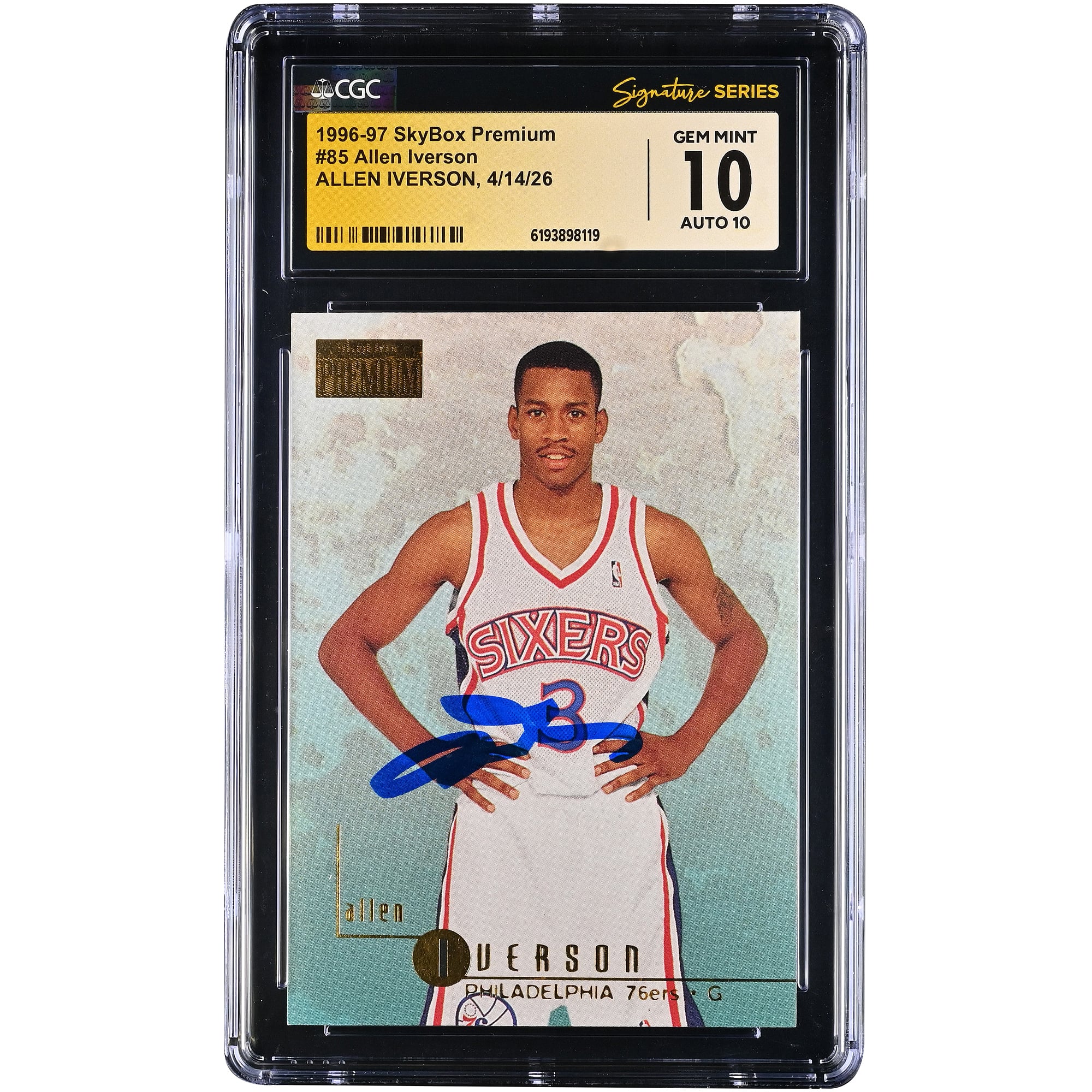 Allen Iverson Philadelphia 76ers Autographed 1996-97 SkyBox Premium #85 CGC Fanatics Witnessed Authenticated 10/10 Rookie Card