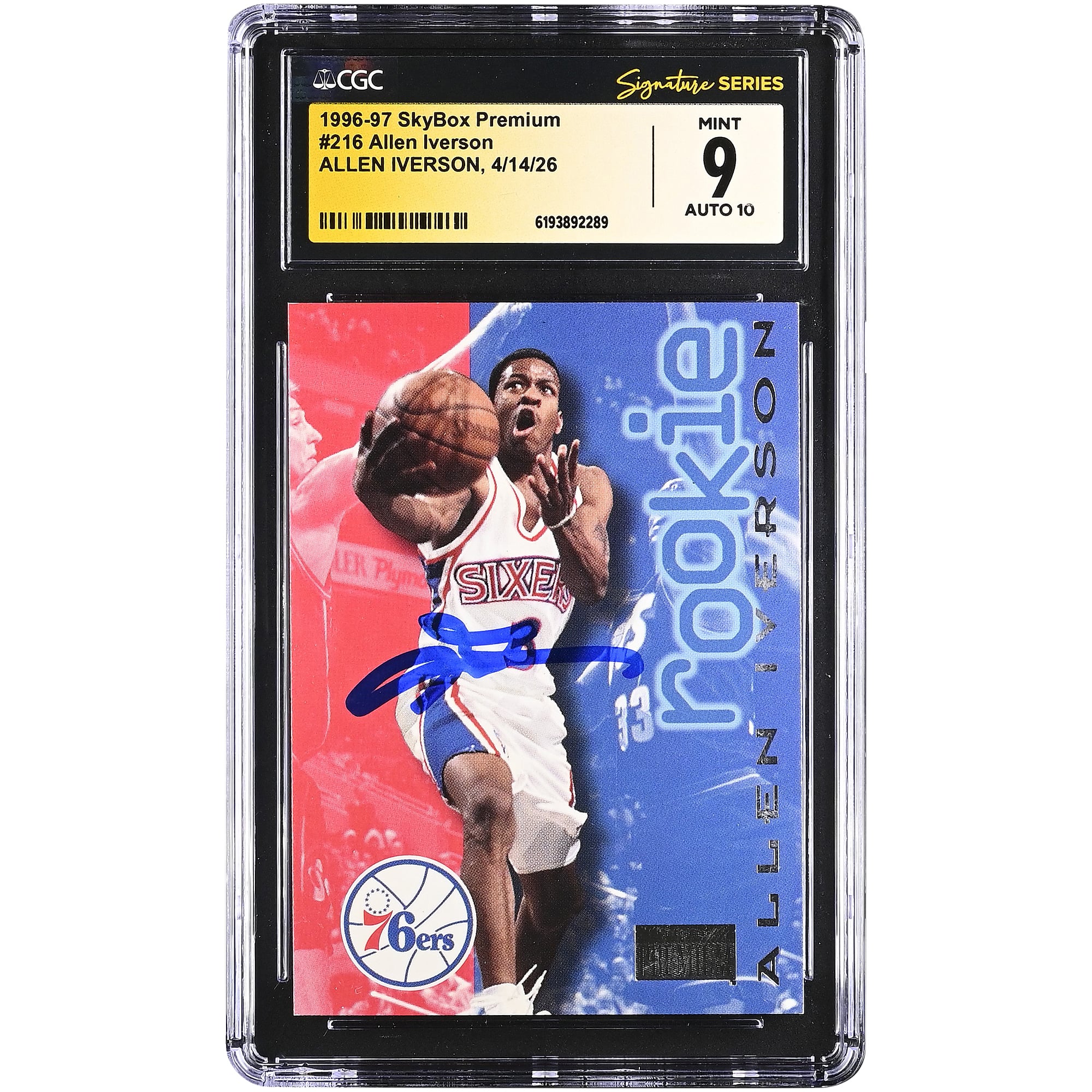 Allen Iverson Philadelphia 76ers Autographed 1996-97 SkyBox Premium #216 CGC Fanatics Witnessed Authenticated /10 Rookie Card