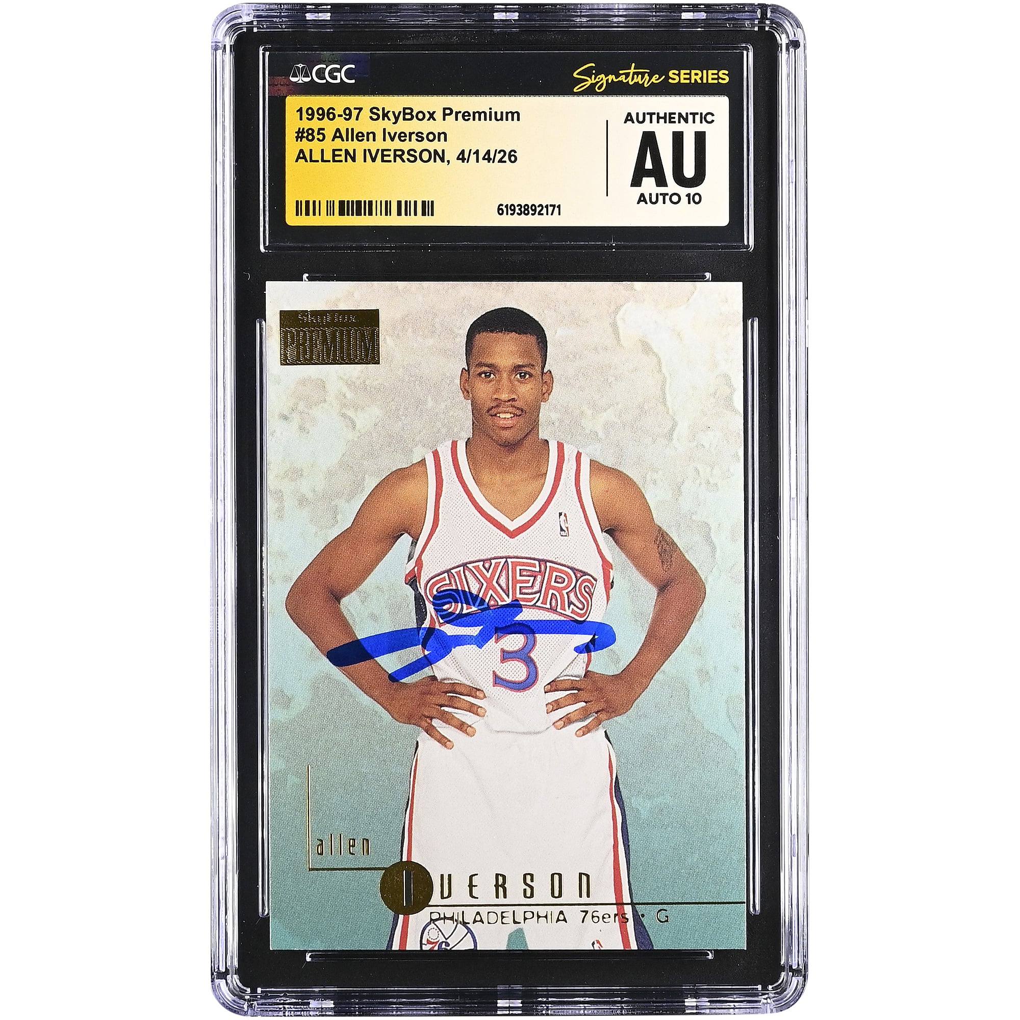 Allen Iverson Philadelphia 76ers Autographed 1996-97 SkyBox Premium #85 CGC Fanatics Witnessed Authenticated AUTO 10 Rookie Card